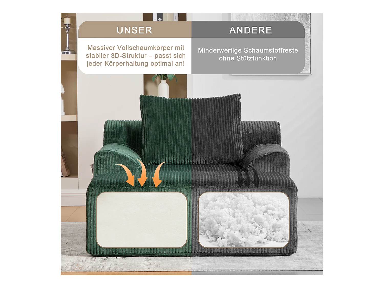 Grote zitzak met voetenbank - 1-zits corduroy bank - Optimaal comfort voor woonkamer, slaapkamer of kantoor