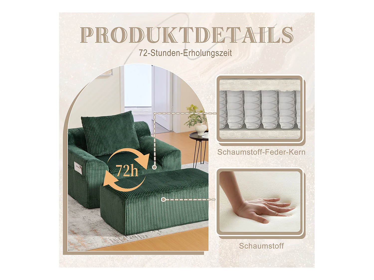 Grote zitzak met voetenbank - 1-zits corduroy bank - Optimaal comfort voor woonkamer, slaapkamer of kantoor