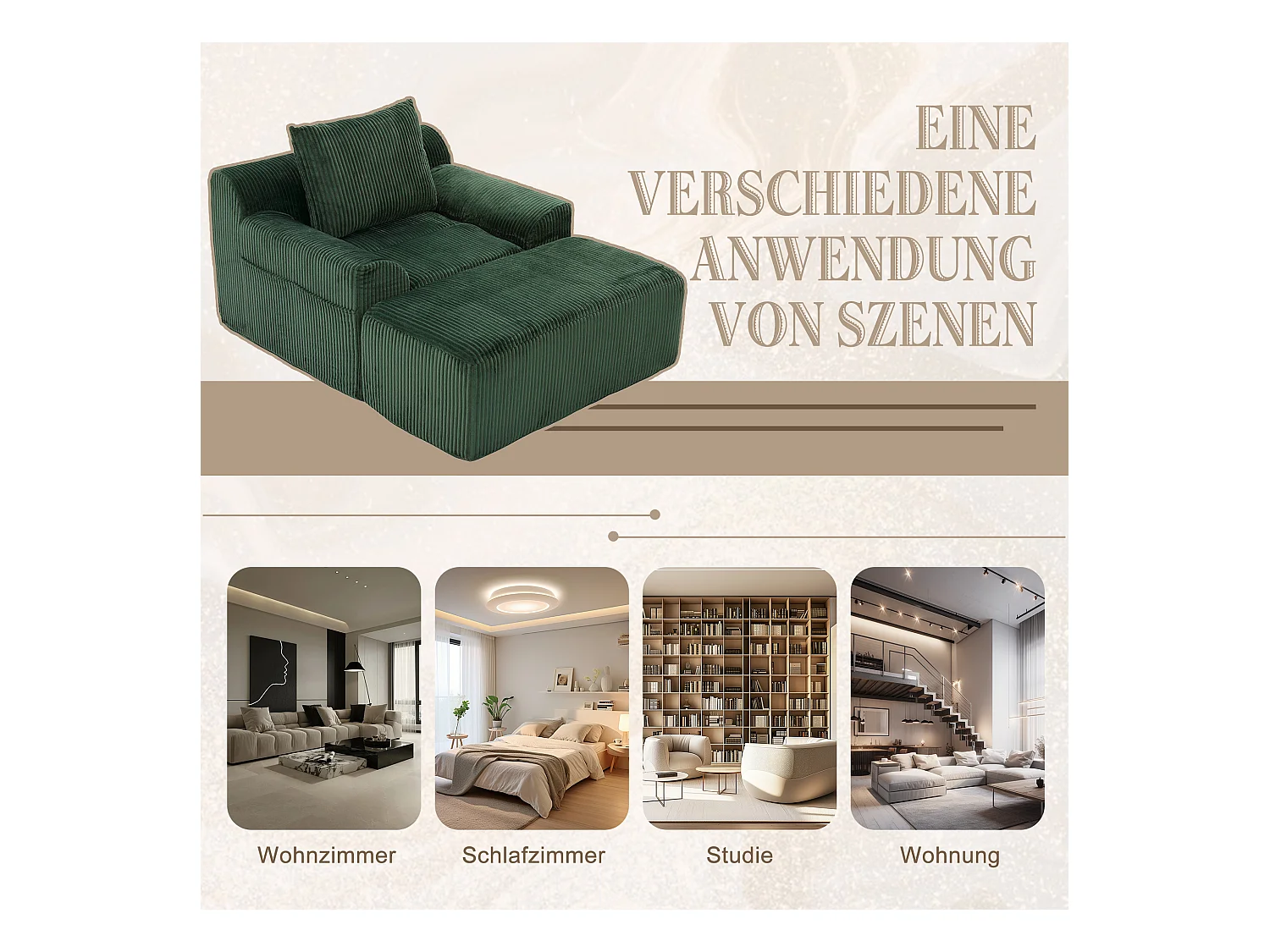 Grote zitzak met voetenbank - 1-zits corduroy bank - Optimaal comfort voor woonkamer, slaapkamer of kantoor