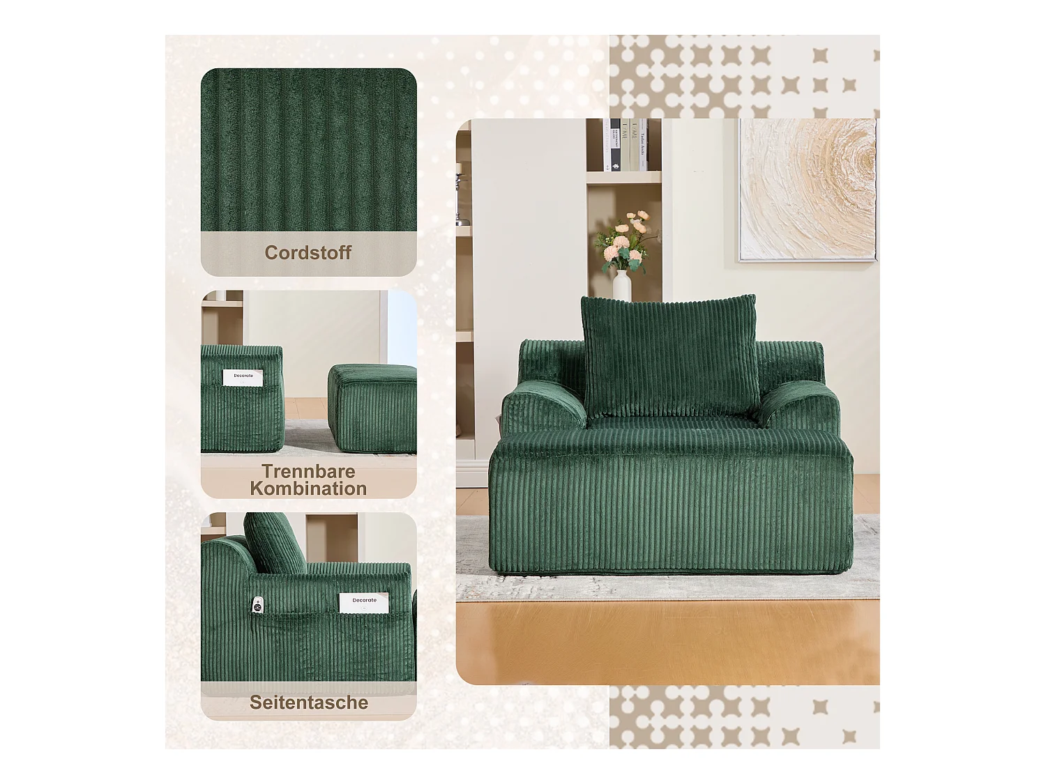 Grote zitzak met voetenbank - 1-zits corduroy bank - Optimaal comfort voor woonkamer, slaapkamer of kantoor