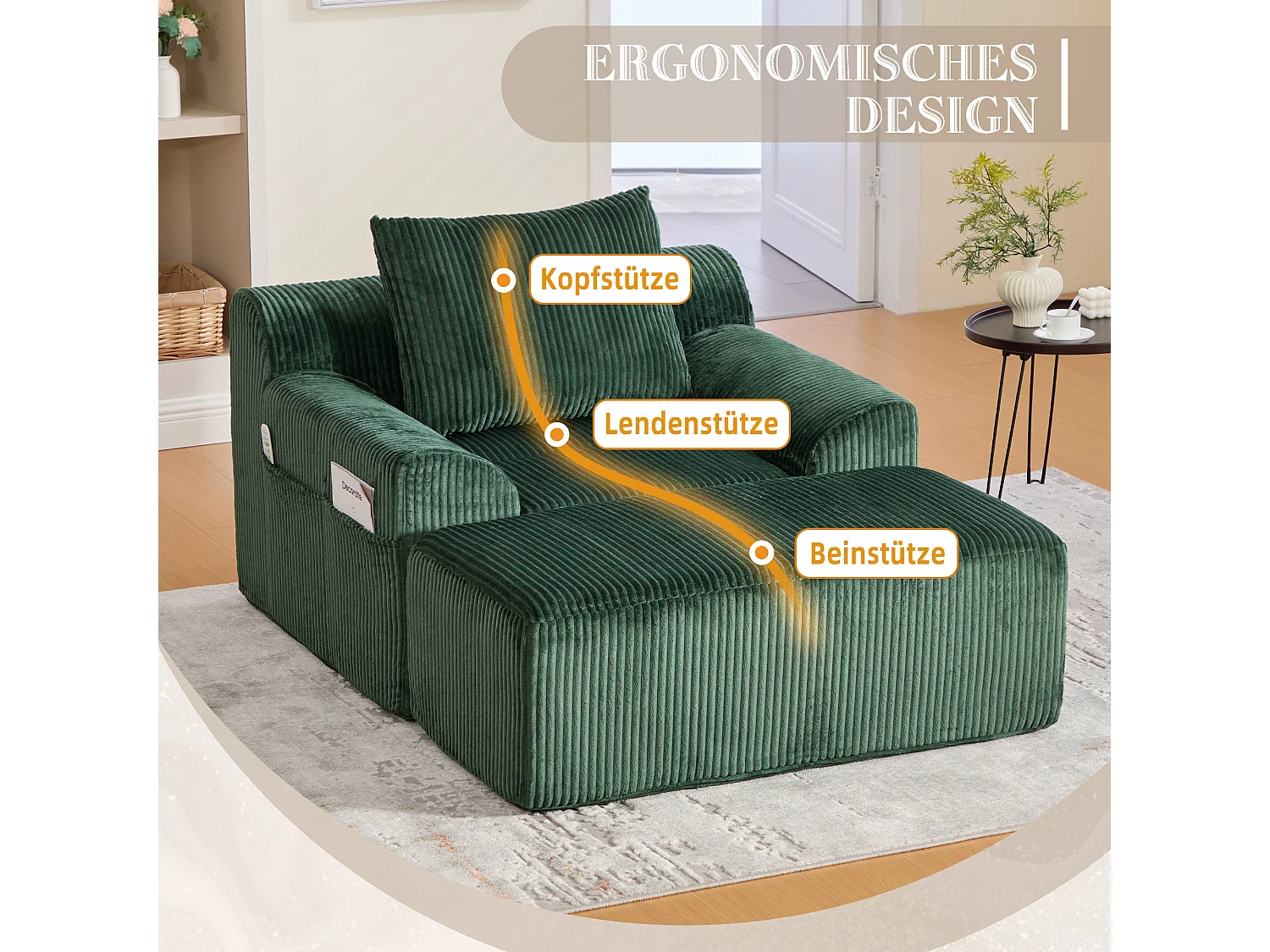 Pouf Fauteuil Géant avec Repose-Pieds - Canapé 1 Place en Velours Côtelé - Confort Optimal pour Salon, Chambre ou Bureau