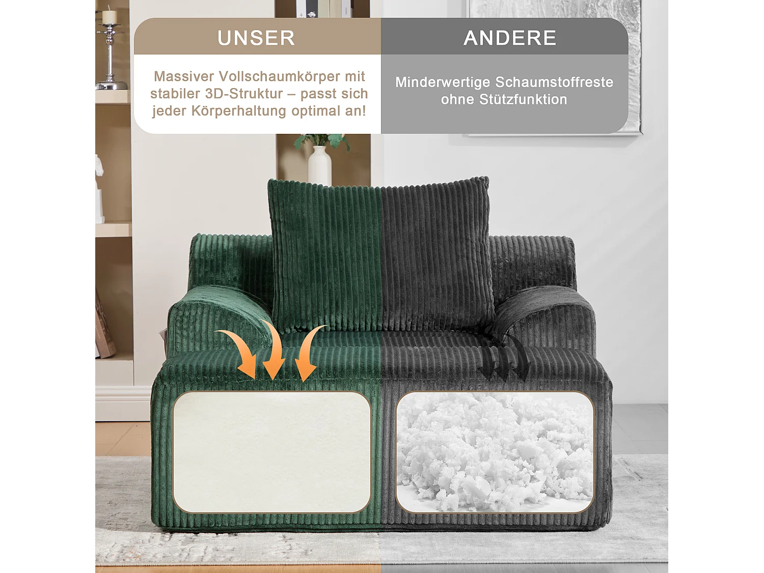 Pouf Fauteuil Géant avec Repose-Pieds - Canapé 1 Place en Velours Côtelé - Confort Optimal pour Salon, Chambre ou Bureau