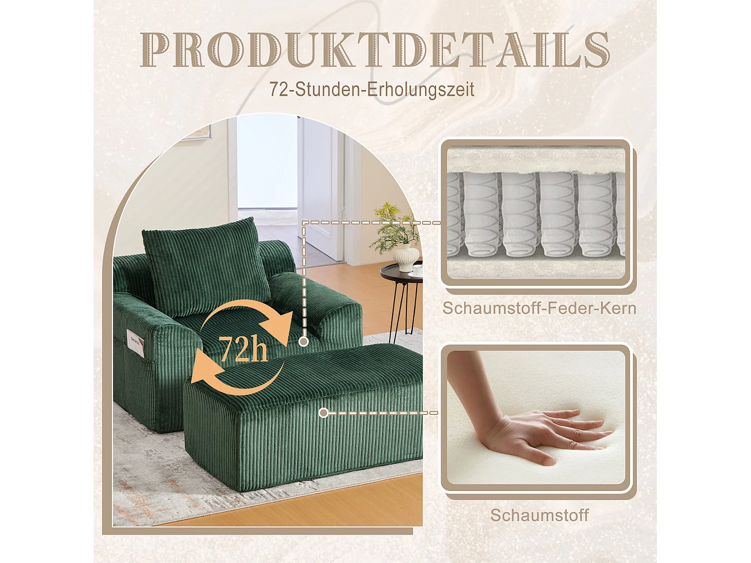 Pouf Fauteuil Géant avec Repose-Pieds - Canapé 1 Place en Velours Côtelé - Confort Optimal pour Salon, Chambre ou Bureau