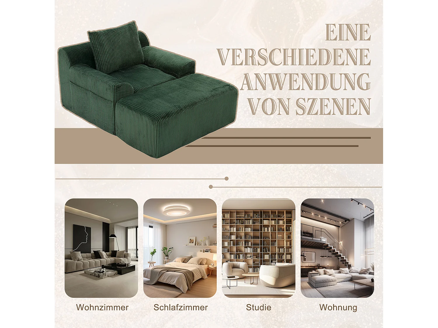 Pouf Fauteuil Géant avec Repose-Pieds - Canapé 1 Place en Velours Côtelé - Confort Optimal pour Salon, Chambre ou Bureau