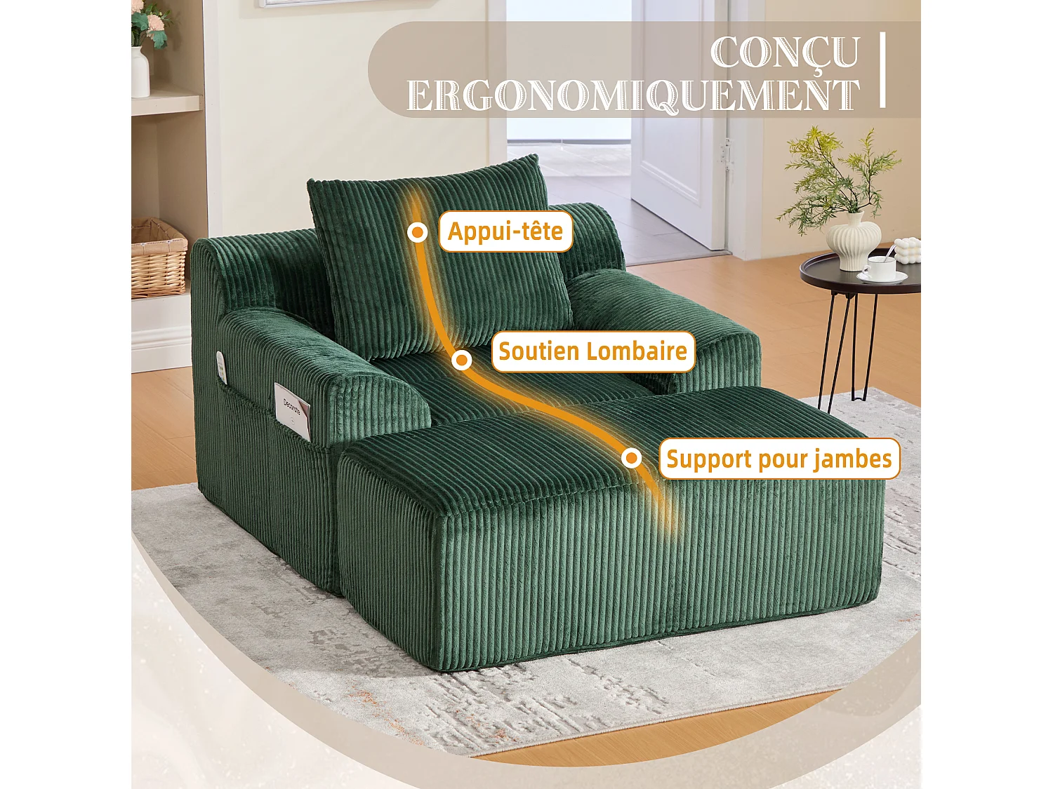 Pouf Fauteuil Géant avec Repose-Pieds - Canapé 1 Place en Velours Côtelé - Confort Optimal pour Salon, Chambre ou Bureau