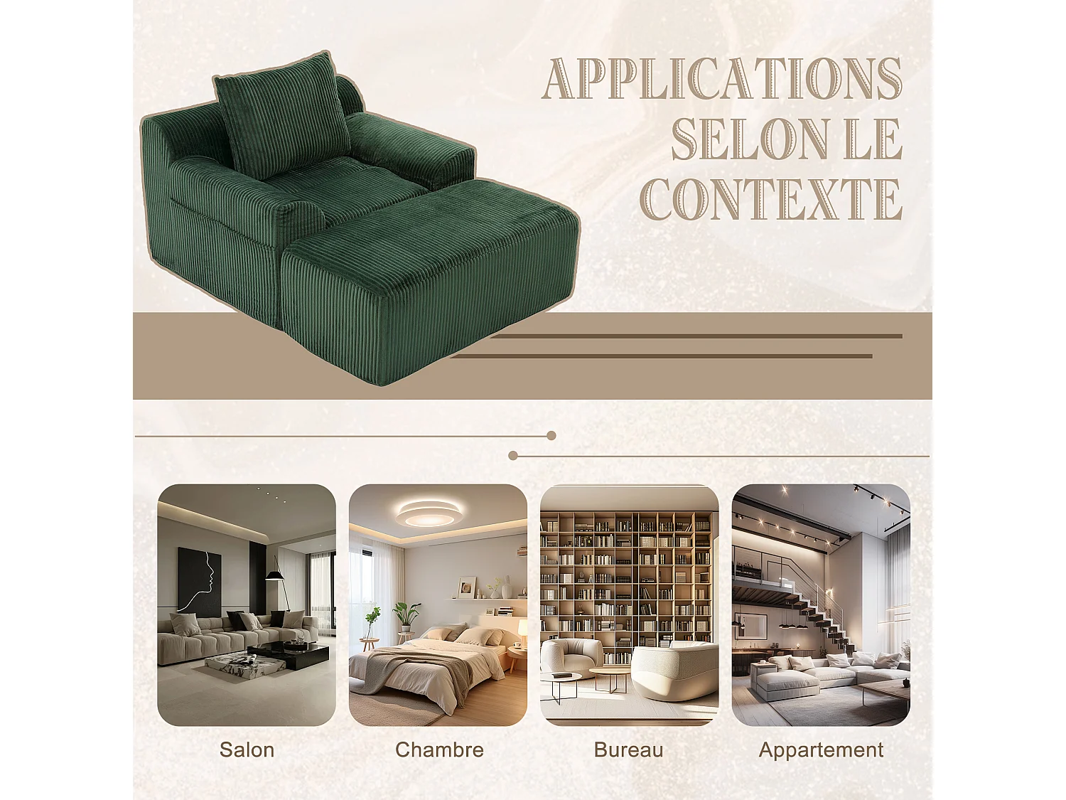 Pouf Fauteuil Géant avec Repose-Pieds - Canapé 1 Place en Velours Côtelé - Confort Optimal pour Salon, Chambre ou Bureau