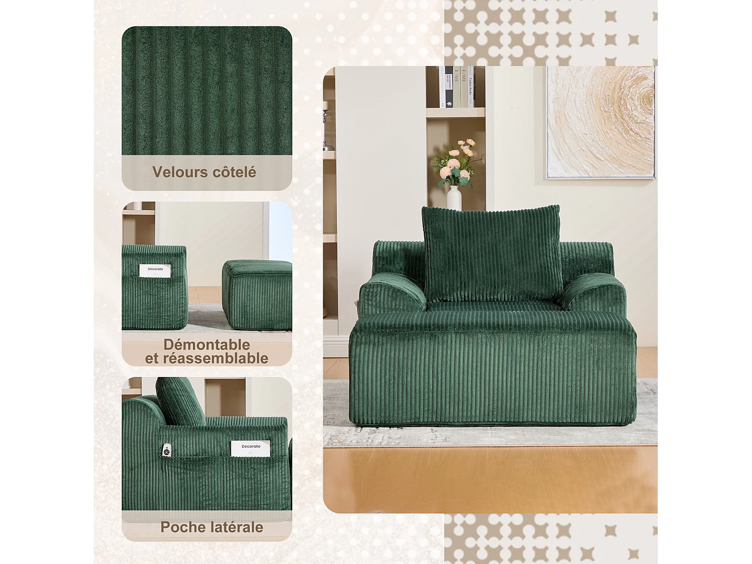 Pouf Fauteuil Géant avec Repose-Pieds - Canapé 1 Place en Velours Côtelé - Confort Optimal pour Salon, Chambre ou Bureau