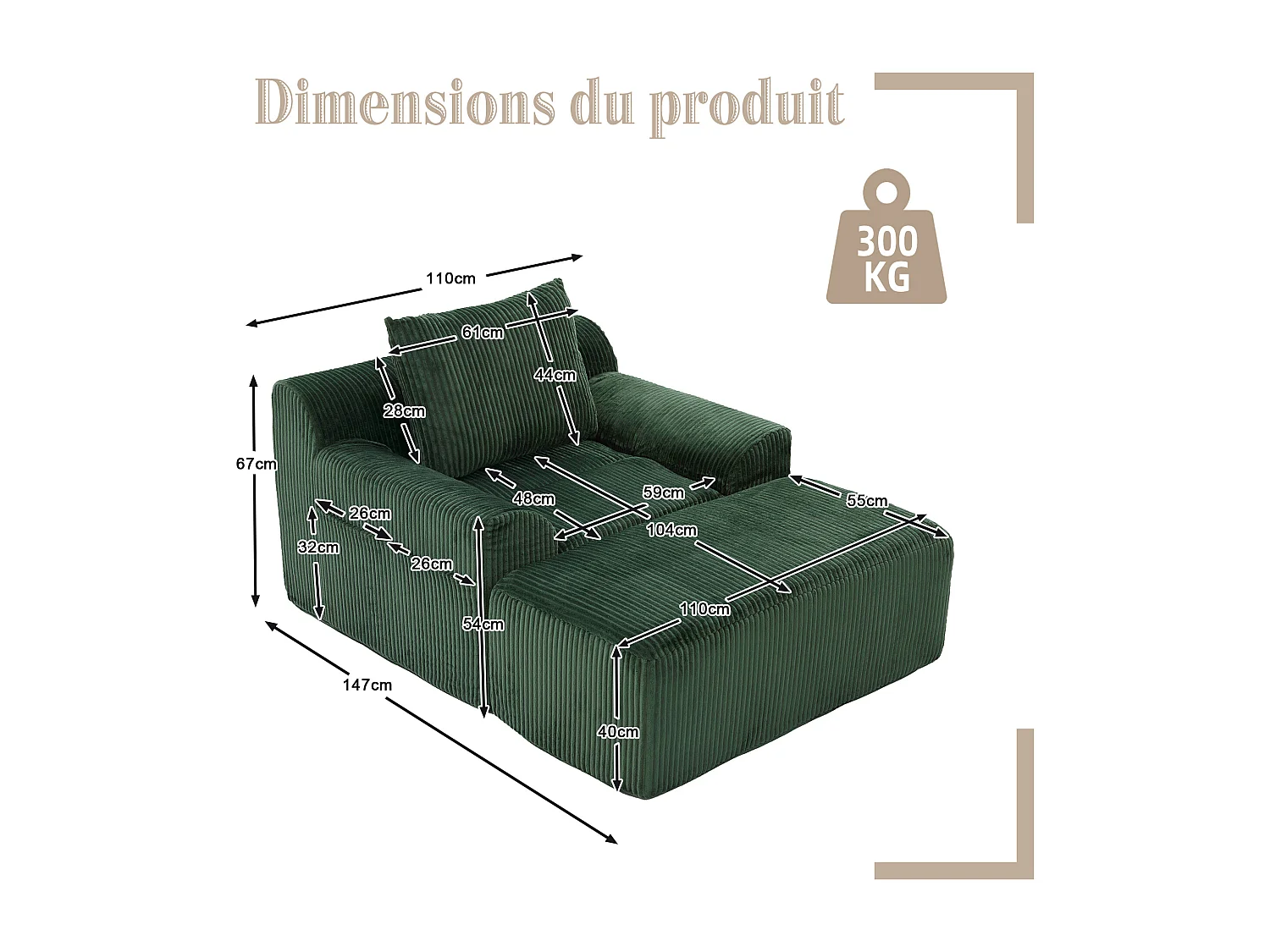 Pouf Fauteuil Géant avec Repose-Pieds - Canapé 1 Place en Velours Côtelé - Confort Optimal pour Salon, Chambre ou Bureau