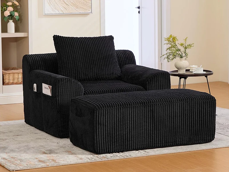 Pouf Fauteuil Géant avec Repose-Pieds - Canapé 1 Place en Velours Côtelé - Noir - Confort Optimal pour Salon, Chambre ou Bureau