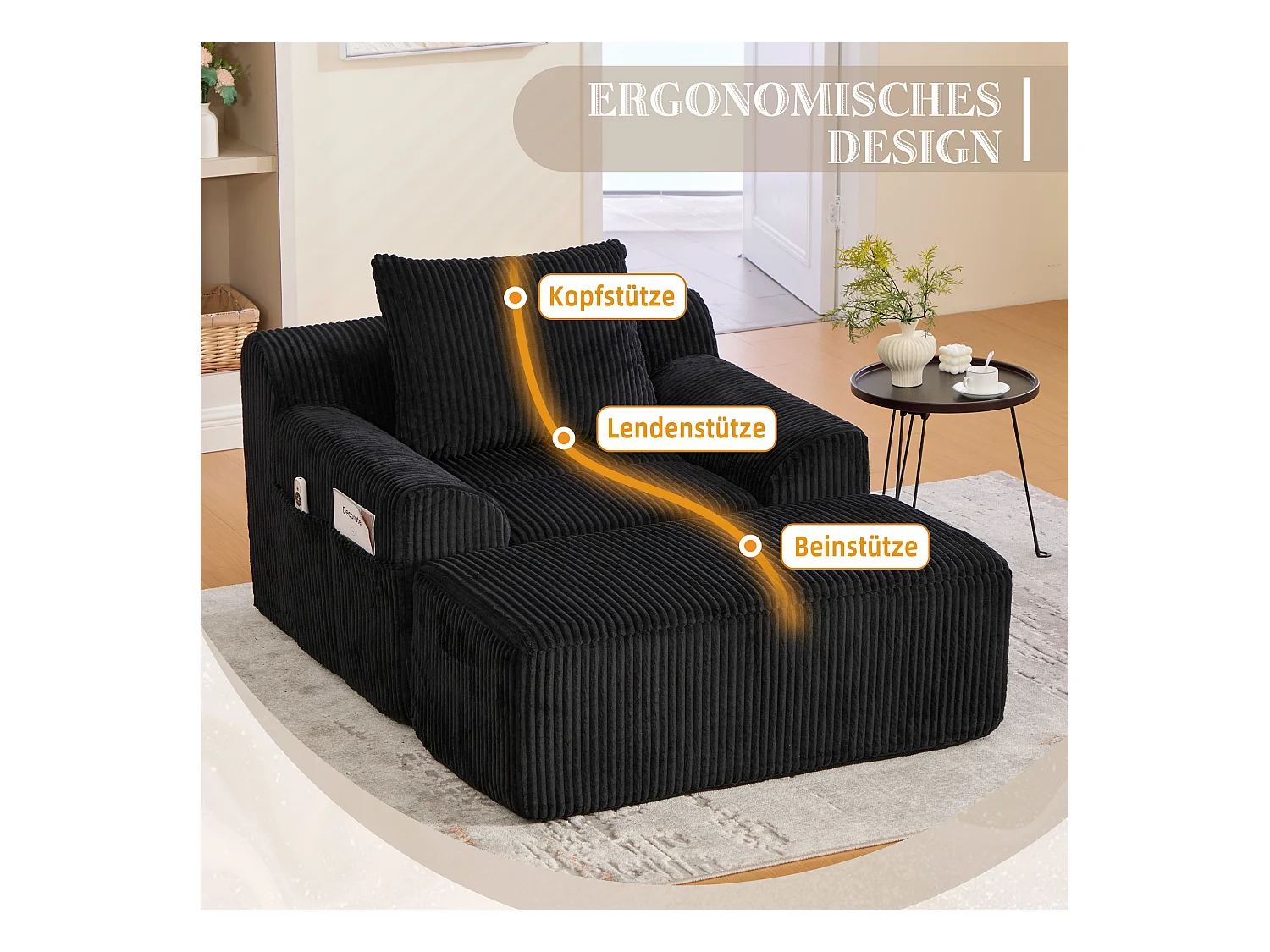 Grote zitzak met voetenbank - 1-zits corduroy bank - Optimaal comfort voor woonkamer, slaapkamer of kantoor