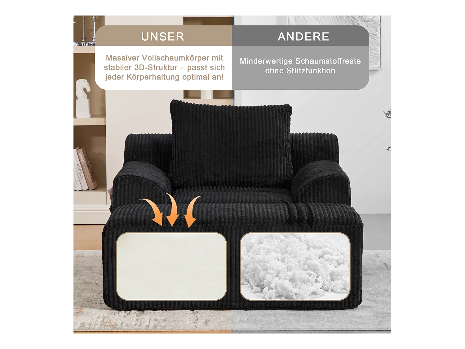 Grote zitzak met voetenbank - 1-zits corduroy bank - Optimaal comfort voor woonkamer, slaapkamer of kantoor