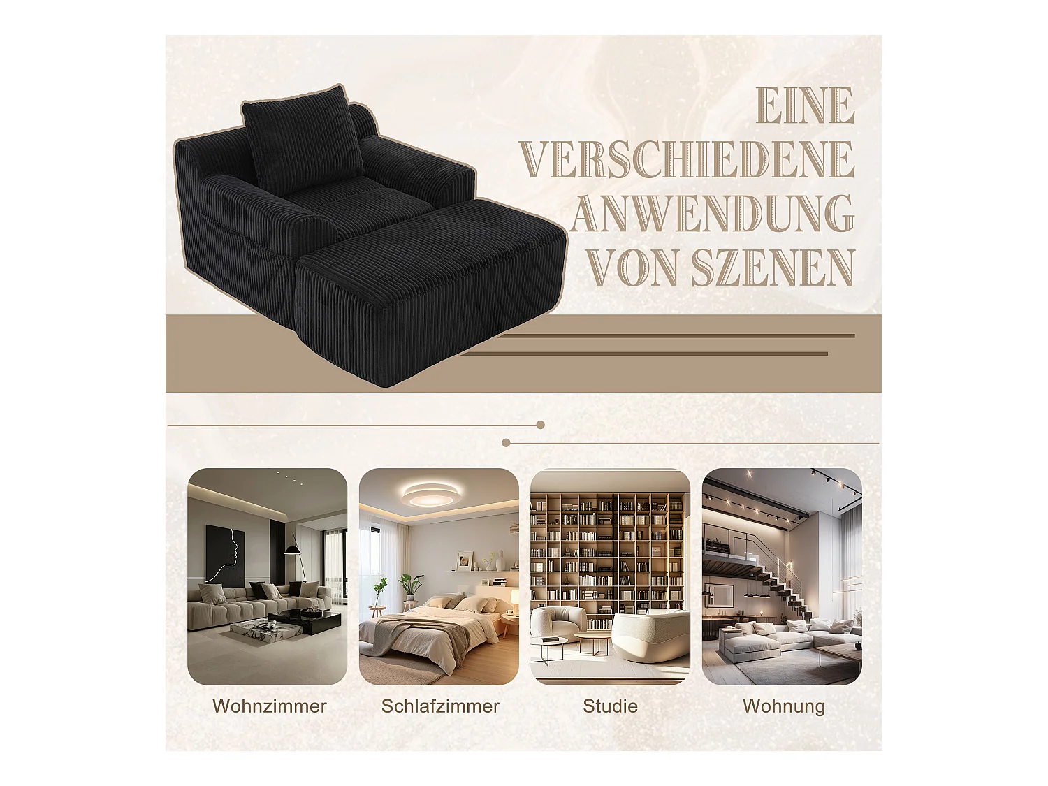 Grote zitzak met voetenbank - 1-zits corduroy bank - Optimaal comfort voor woonkamer, slaapkamer of kantoor