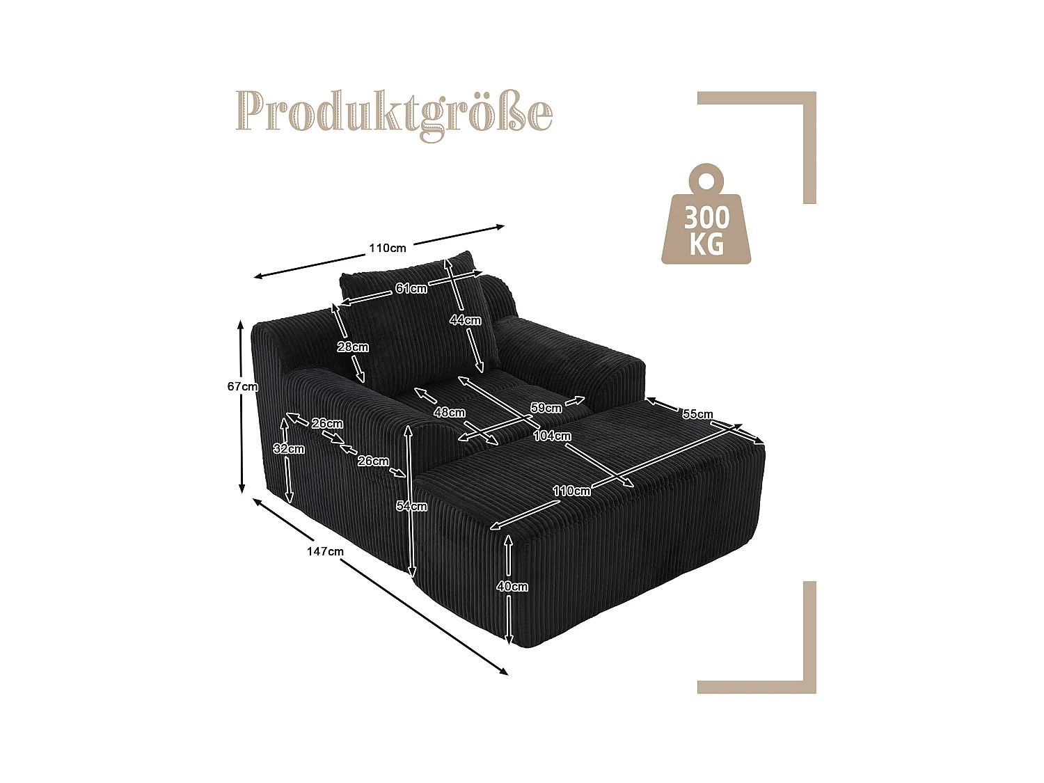 Grote zitzak met voetenbank - 1-zits corduroy bank - Optimaal comfort voor woonkamer, slaapkamer of kantoor