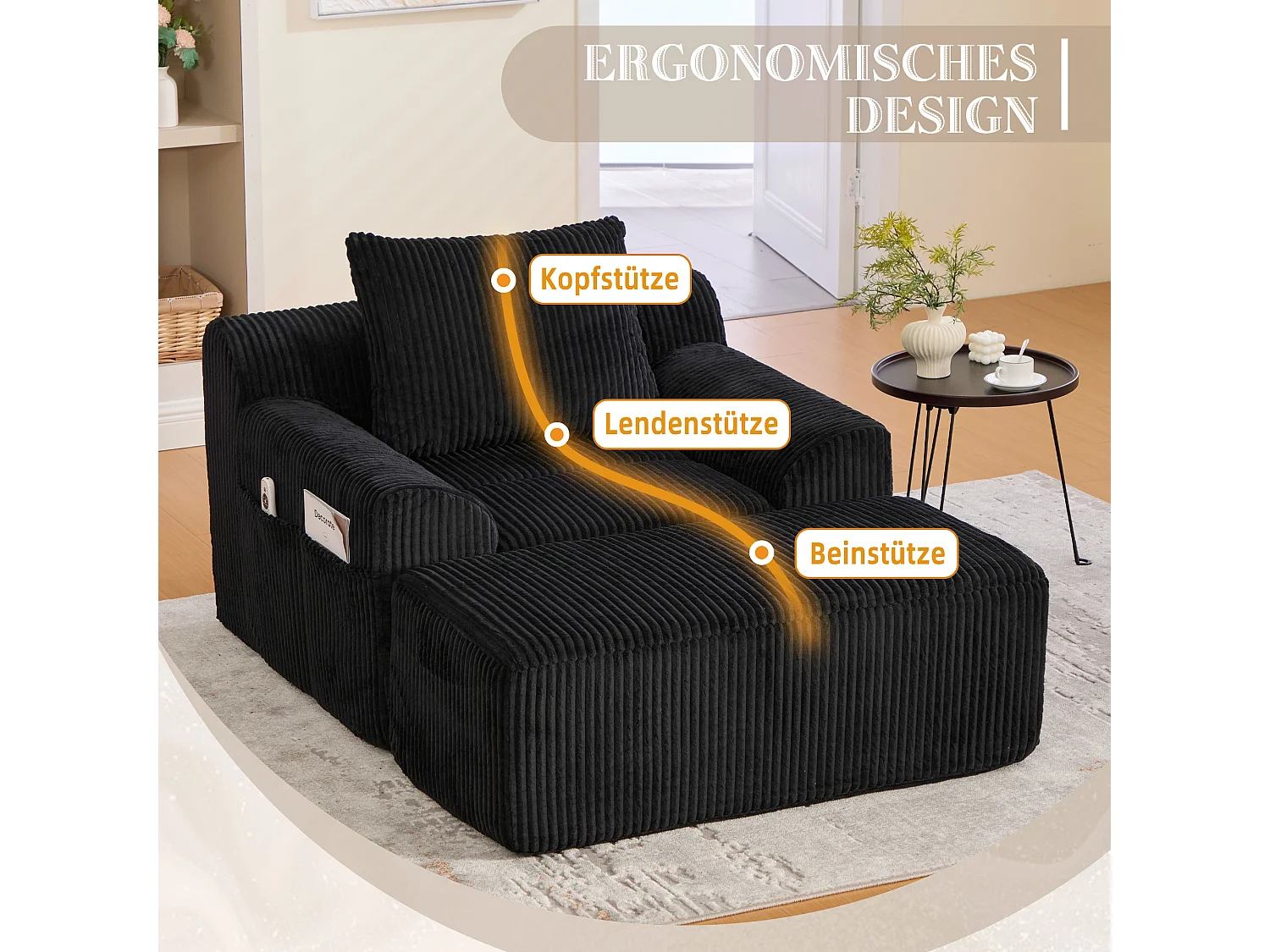 Pouf Fauteuil Géant avec Repose-Pieds - Canapé 1 Place en Velours Côtelé - Noir - Confort Optimal pour Salon, Chambre ou Bureau