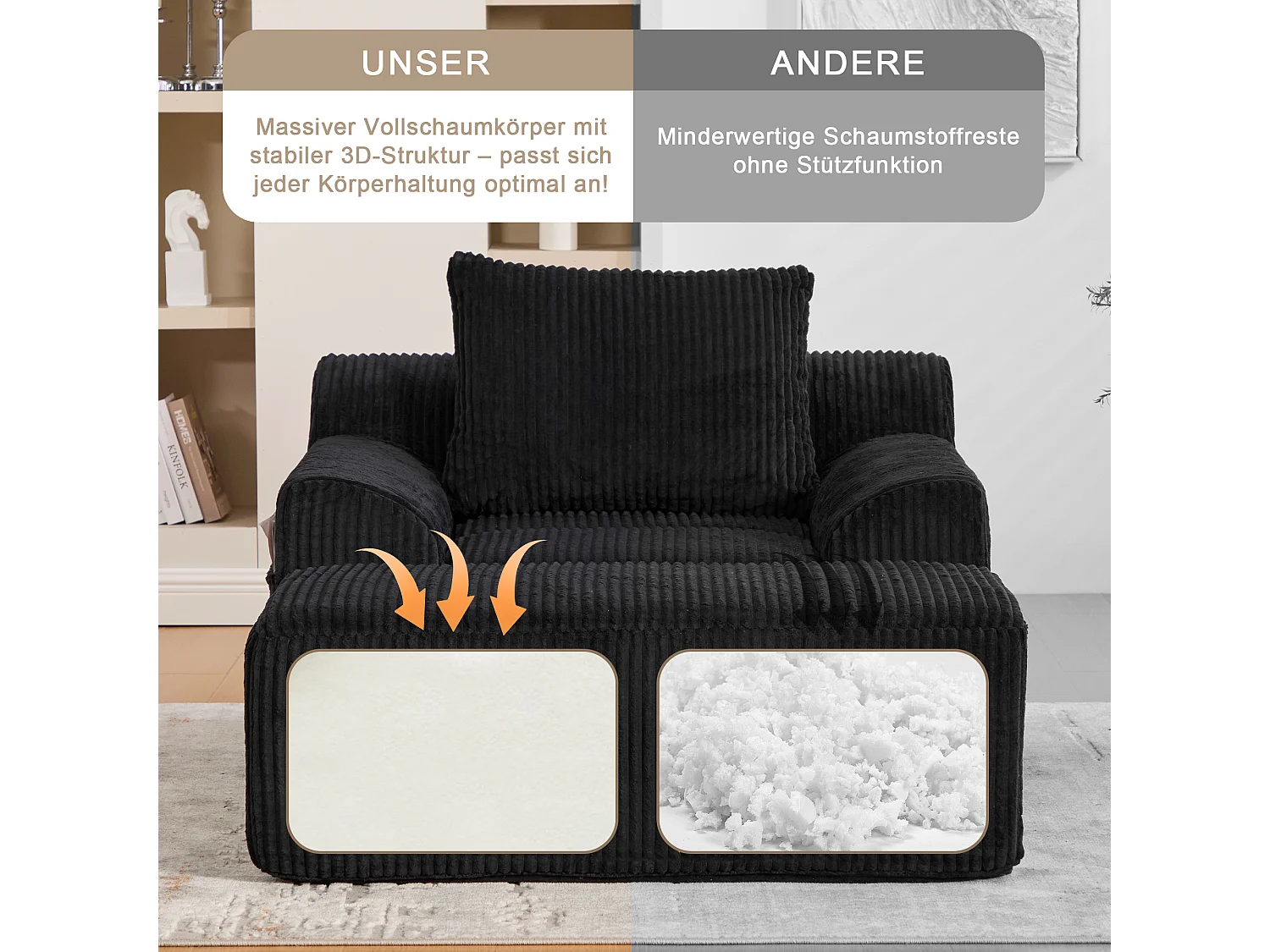 Pouf Fauteuil Géant avec Repose-Pieds - Canapé 1 Place en Velours Côtelé - Noir - Confort Optimal pour Salon, Chambre ou Bureau