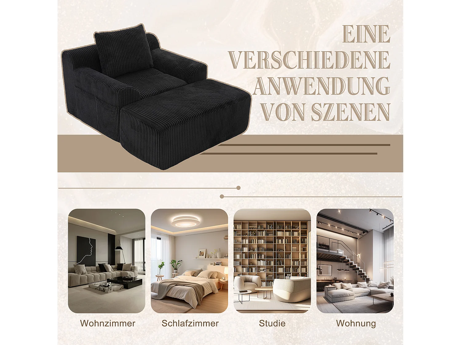 Pouf Fauteuil Géant avec Repose-Pieds - Canapé 1 Place en Velours Côtelé - Noir - Confort Optimal pour Salon, Chambre ou Bureau