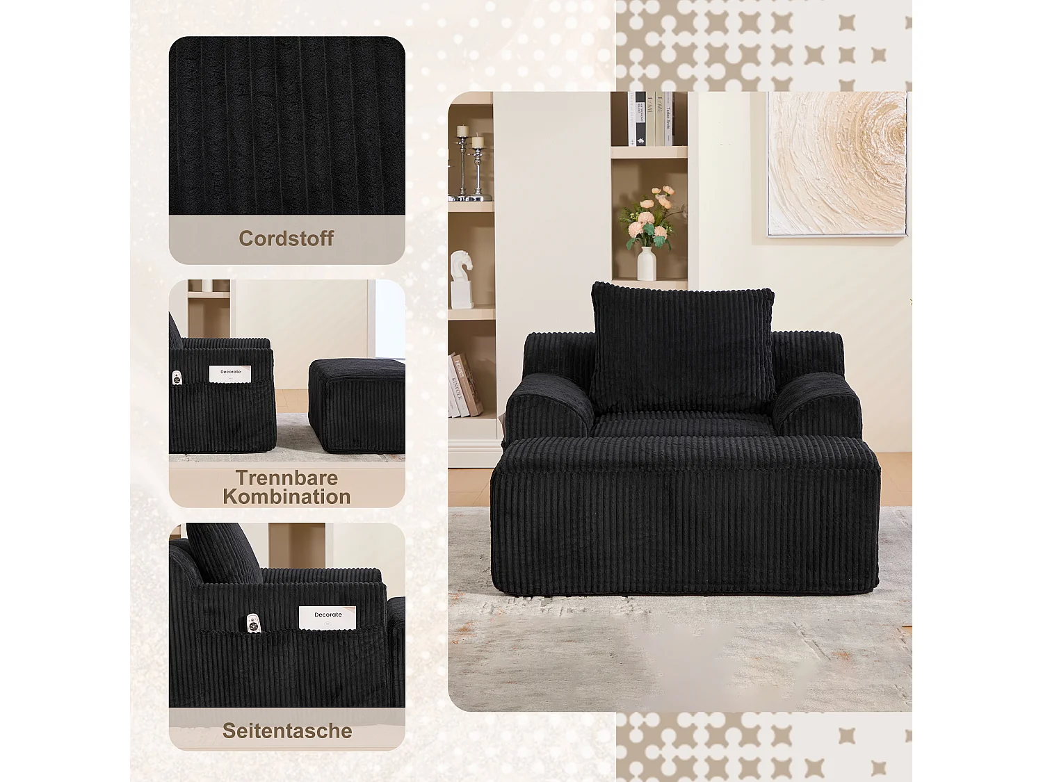 Pouf Fauteuil Géant avec Repose-Pieds - Canapé 1 Place en Velours Côtelé - Noir - Confort Optimal pour Salon, Chambre ou Bureau