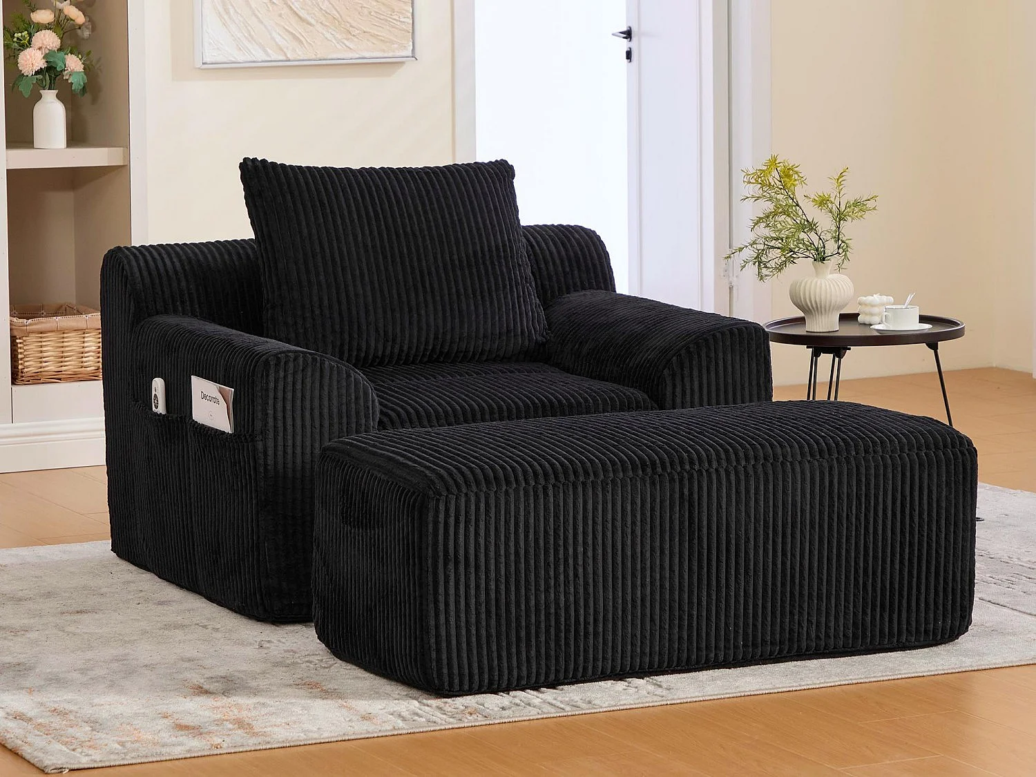 Pouf Fauteuil Géant avec Repose-Pieds - Canapé 1 Place en Velours Côtelé - Noir - Confort Optimal pour Salon, Chambre ou Bureau