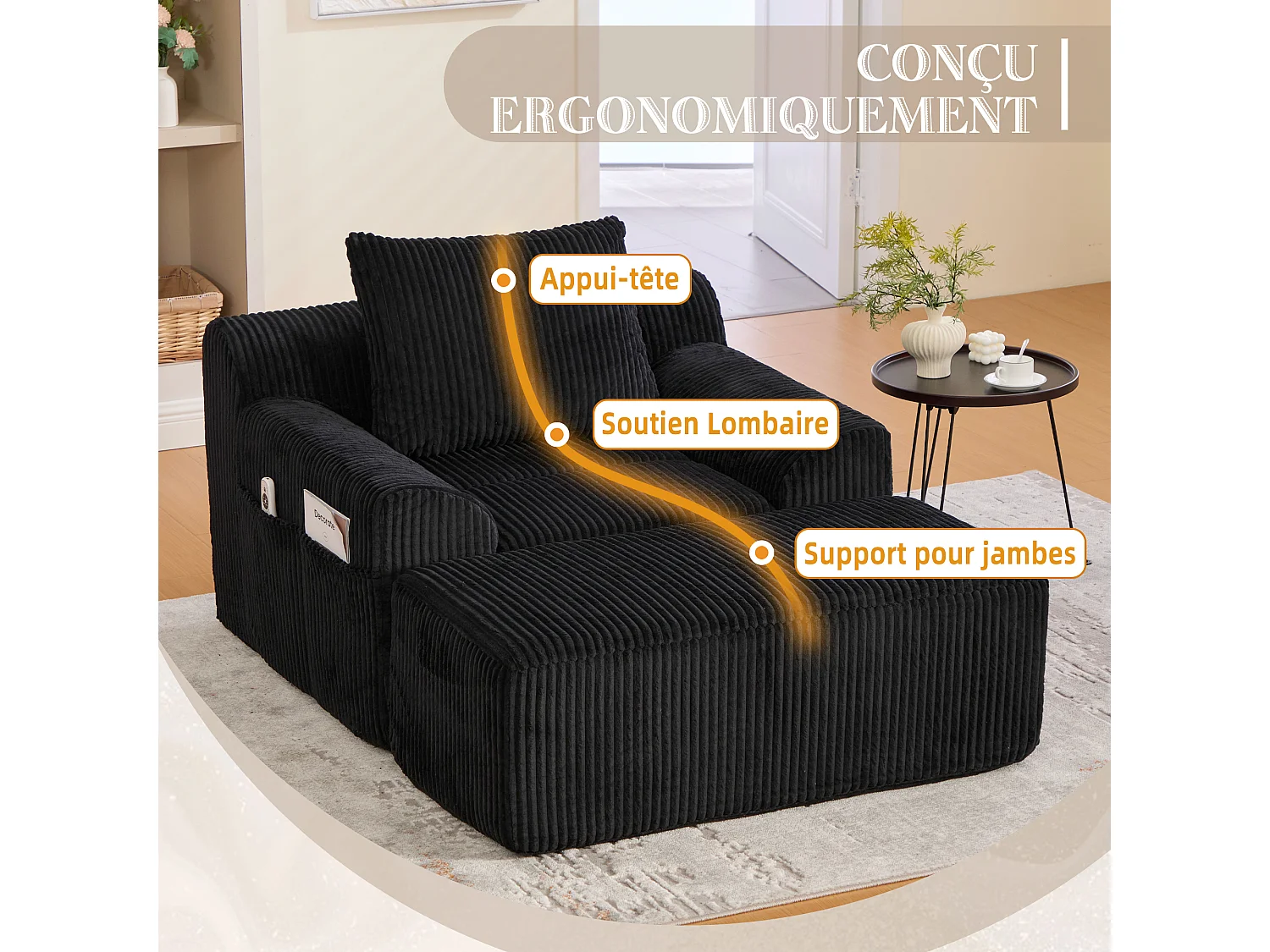 Pouf Fauteuil Géant avec Repose-Pieds - Canapé 1 Place en Velours Côtelé - Noir - Confort Optimal pour Salon, Chambre ou Bureau