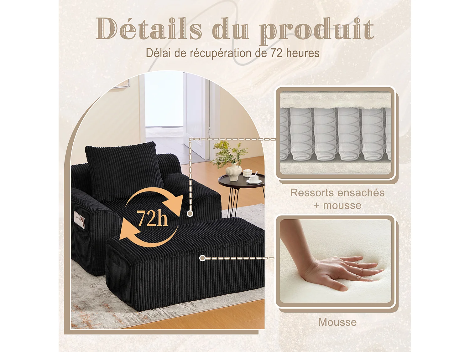 Pouf Fauteuil Géant avec Repose-Pieds - Canapé 1 Place en Velours Côtelé - Noir - Confort Optimal pour Salon, Chambre ou Bureau