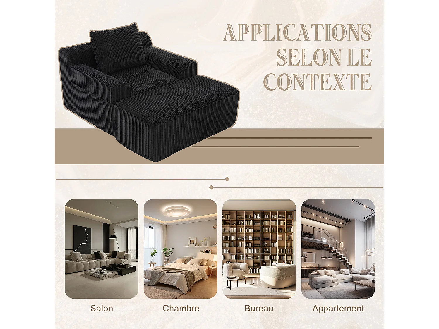 Pouf Fauteuil Géant avec Repose-Pieds - Canapé 1 Place en Velours Côtelé - Noir - Confort Optimal pour Salon, Chambre ou Bureau