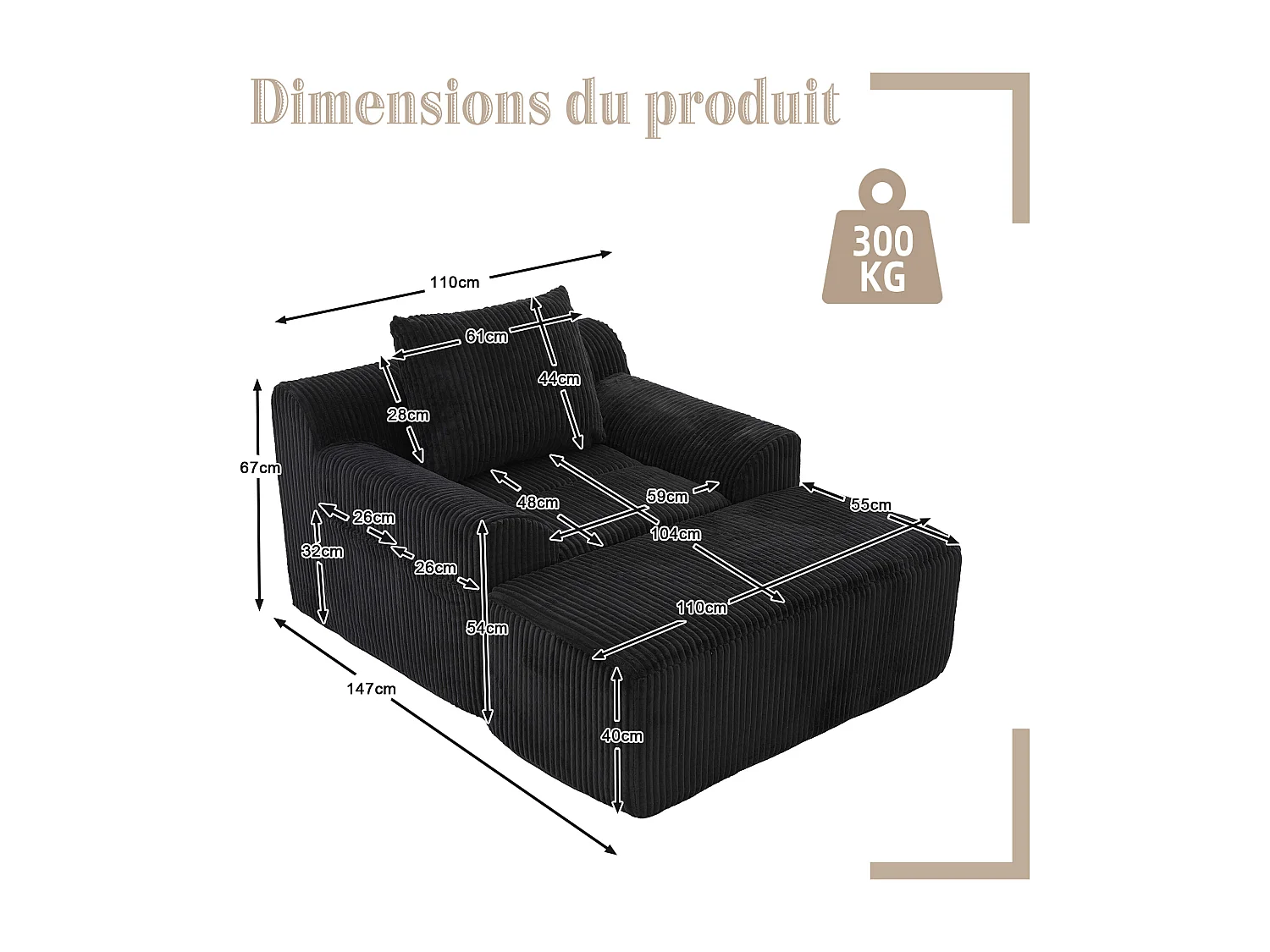 Pouf Fauteuil Géant avec Repose-Pieds - Canapé 1 Place en Velours Côtelé - Noir - Confort Optimal pour Salon, Chambre ou Bureau