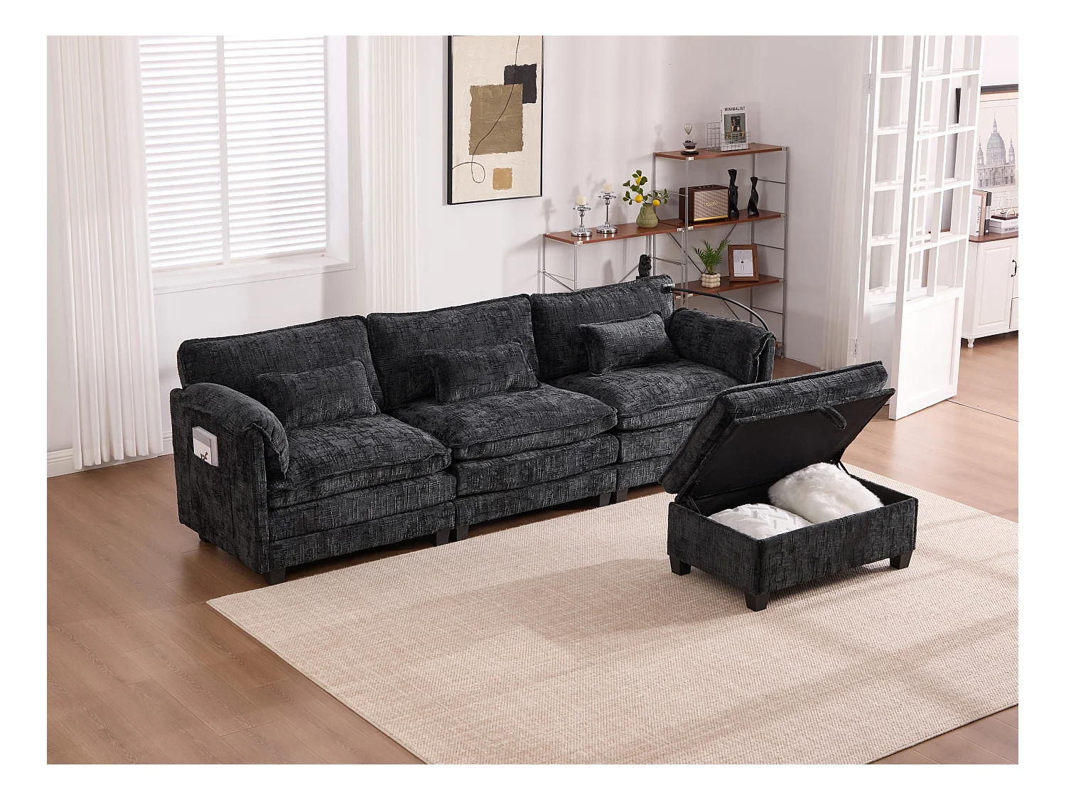 Canapé 3 Places Modulable - Repose-pieds Rangement et Port USB - Support Smartphone - Pour Salon, Bureau ou Chambre