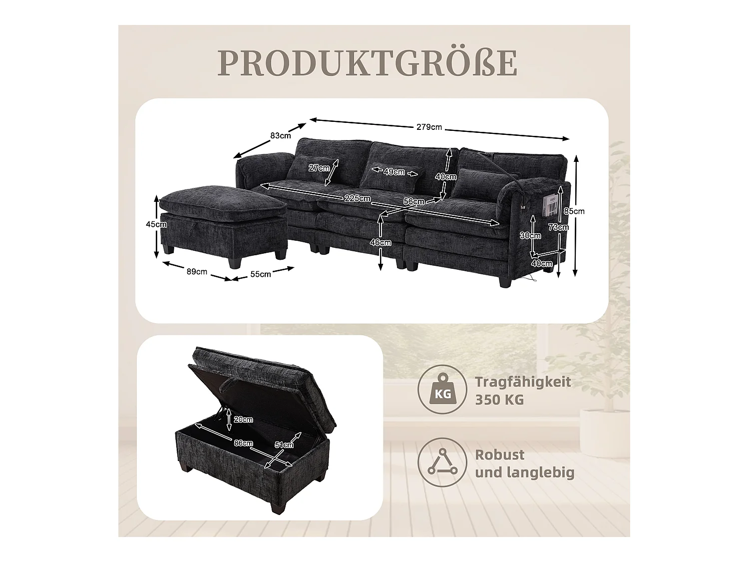 Canapé 3 Places Modulable - Repose-pieds Rangement et Port USB - Support Smartphone - Pour Salon, Bureau ou Chambre
