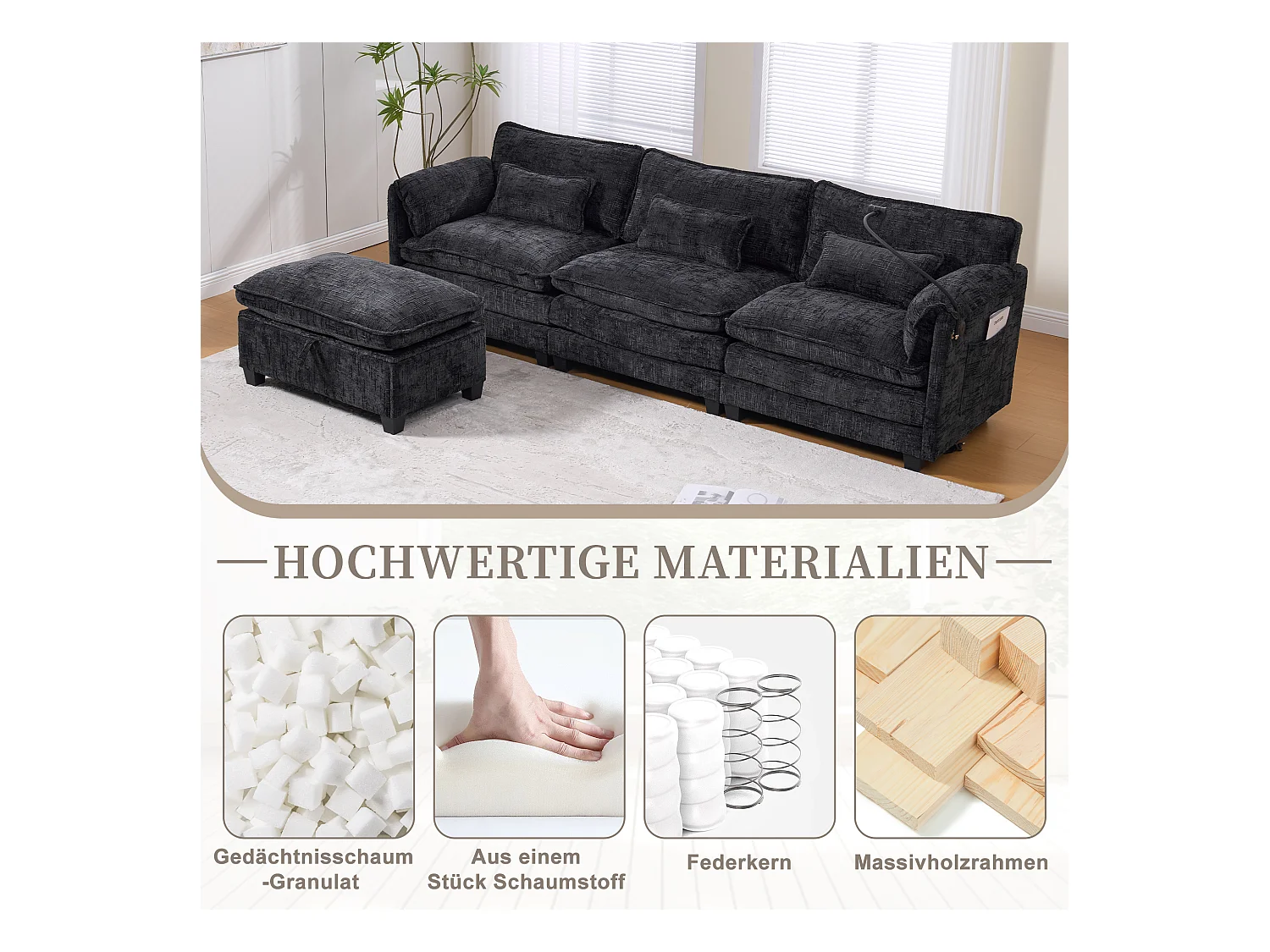 Canapé 3 Places Modulable - Repose-pieds Rangement et Port USB - Support Smartphone - Pour Salon, Bureau ou Chambre