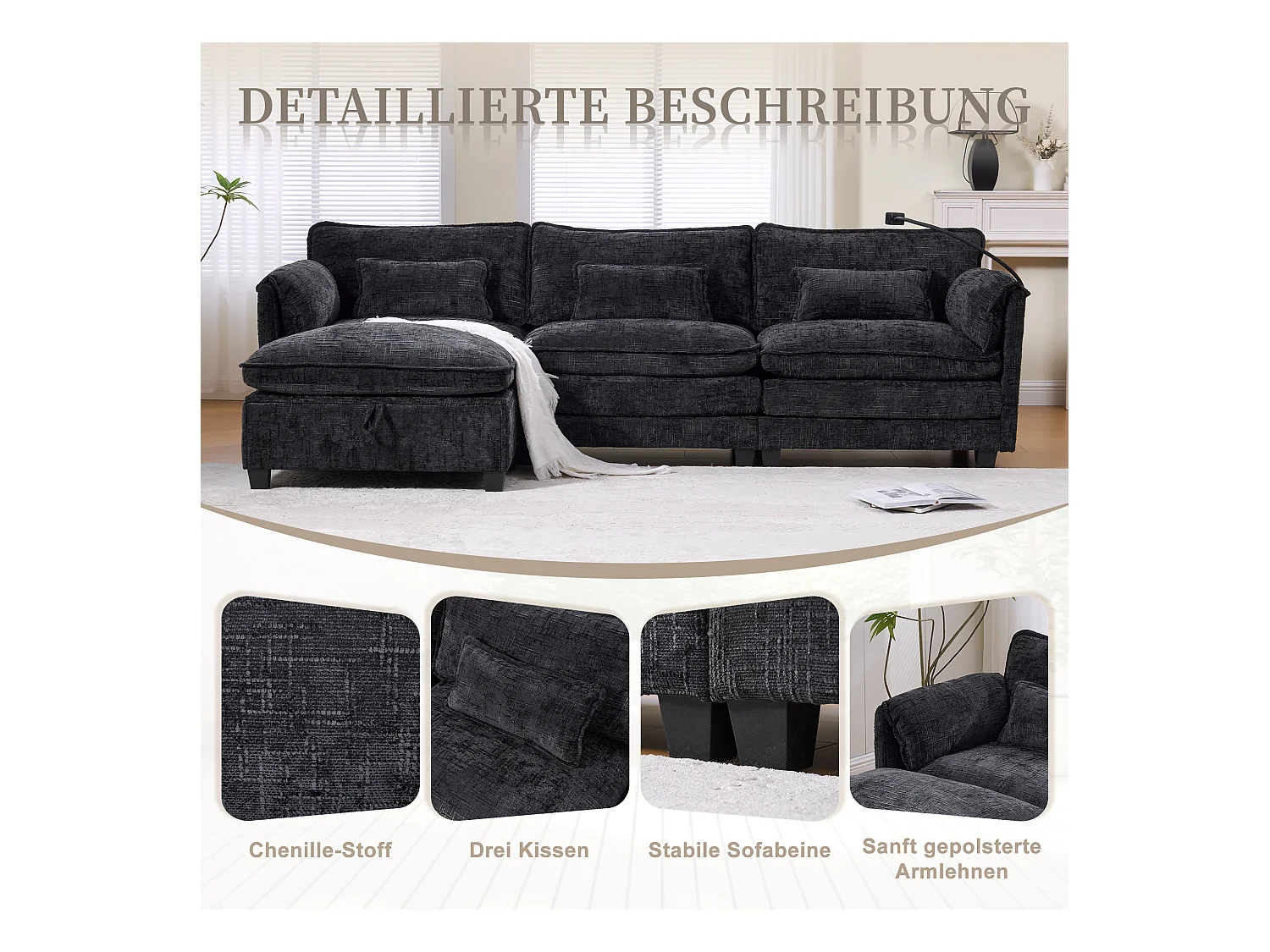 Canapé 3 Places Modulable - Repose-pieds Rangement et Port USB - Support Smartphone - Pour Salon, Bureau ou Chambre