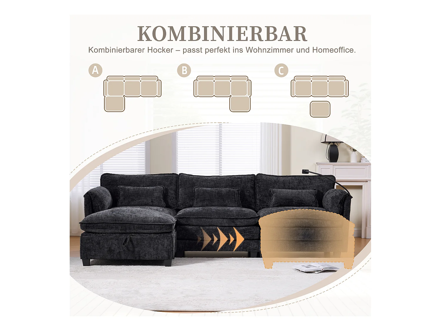 Canapé 3 Places Modulable - Repose-pieds Rangement et Port USB - Support Smartphone - Pour Salon, Bureau ou Chambre