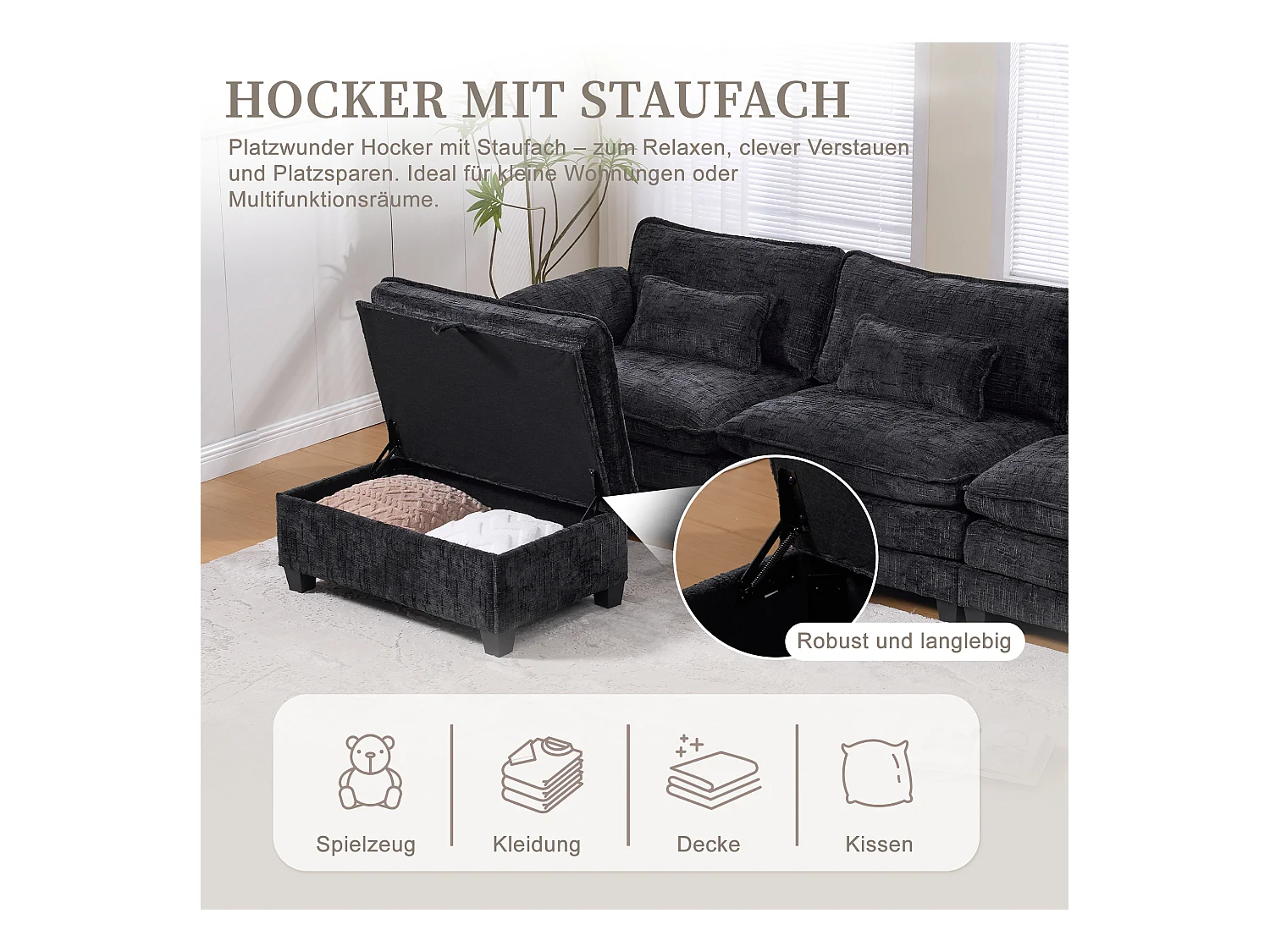 Canapé 3 Places Modulable - Repose-pieds Rangement et Port USB - Support Smartphone - Pour Salon, Bureau ou Chambre