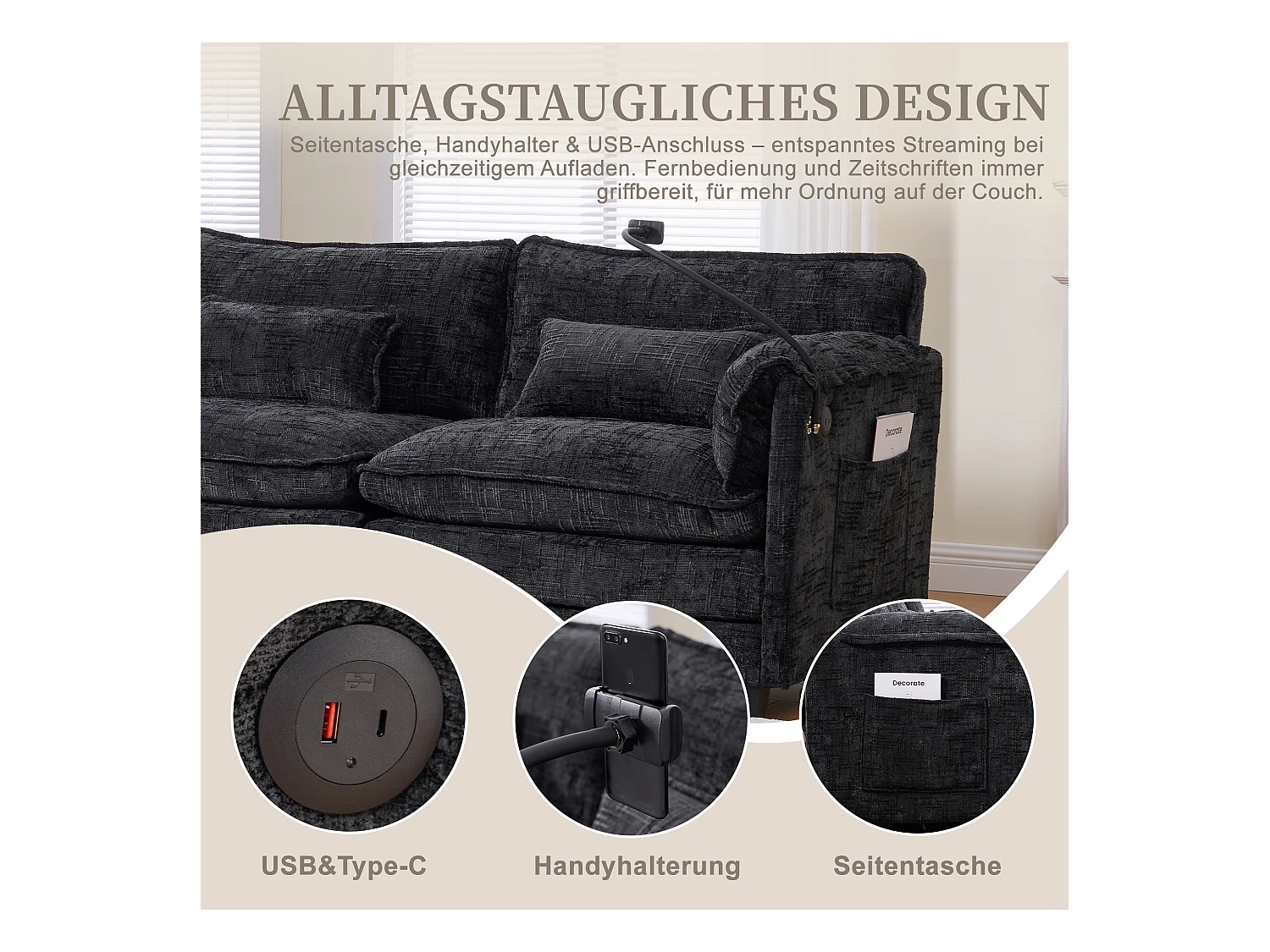 Canapé 3 Places Modulable - Repose-pieds Rangement et Port USB - Support Smartphone - Pour Salon, Bureau ou Chambre