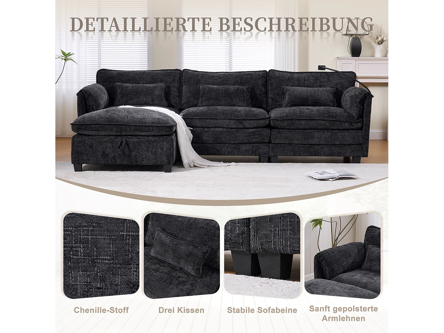 Canapé 3 Places Modulable - Repose-pieds Rangement et Port USB - Support Smartphone - Pour Salon, Bureau ou Chambre