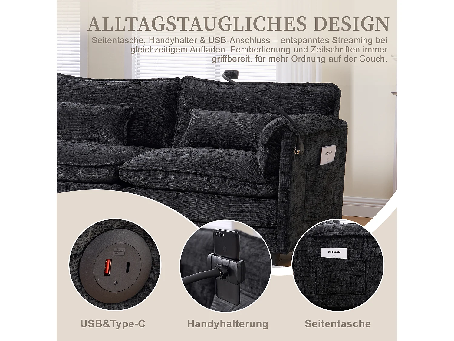 Canapé 3 Places Modulable - Repose-pieds Rangement et Port USB - Support Smartphone - Pour Salon, Bureau ou Chambre