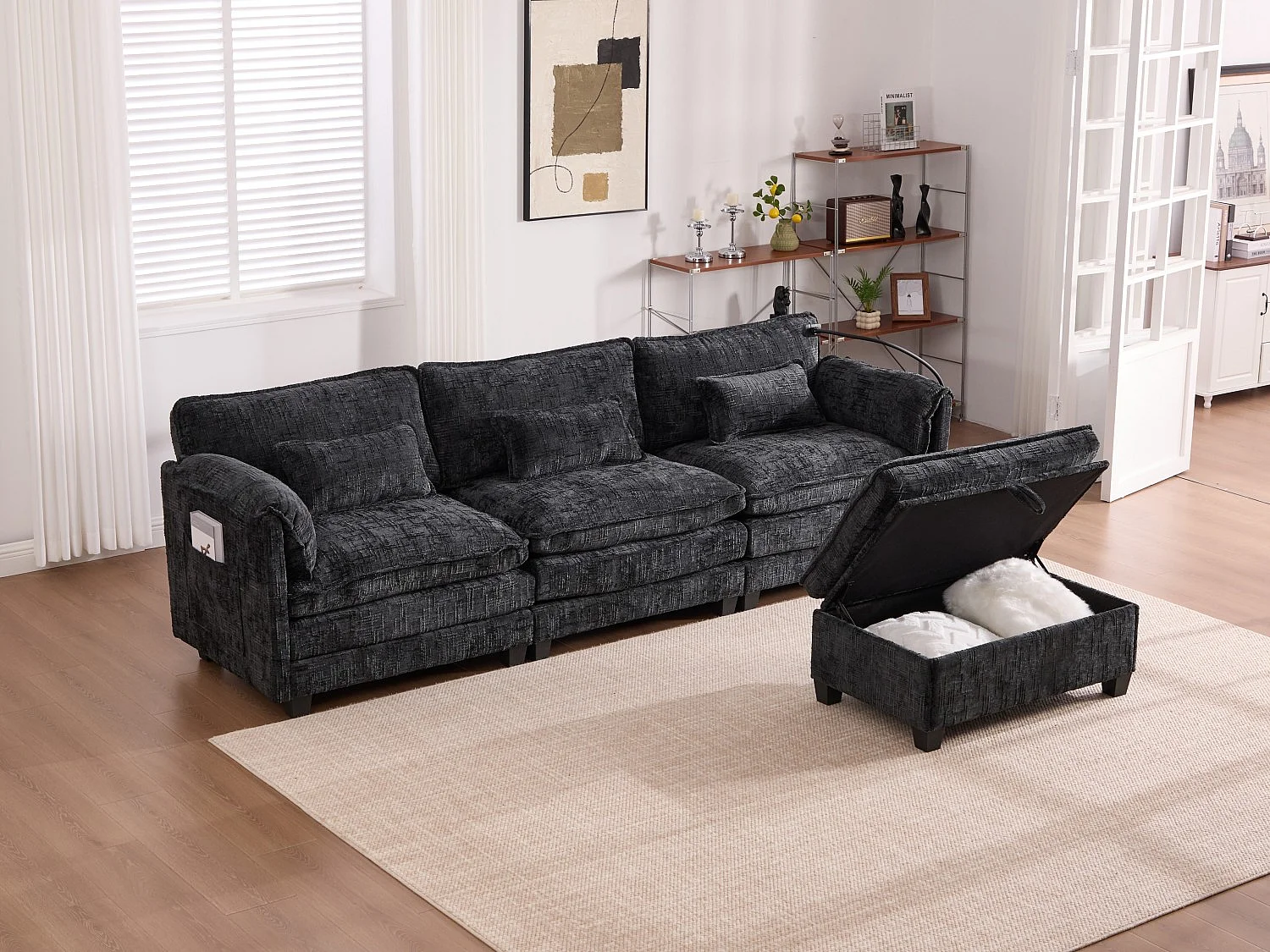 Canapé 3 Places Modulable - Repose-pieds Rangement et Port USB - Support Smartphone - Pour Salon, Bureau ou Chambre