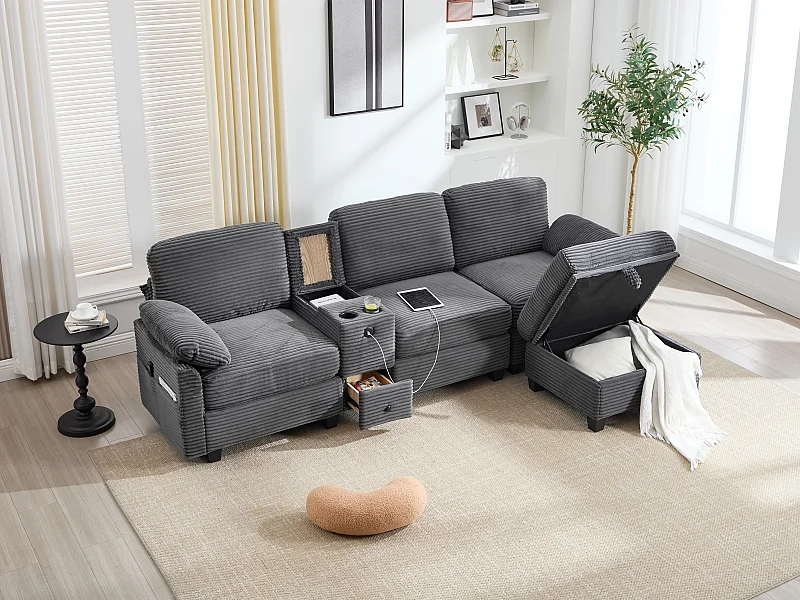 Canapé d'Angle 4 Places - Canapé modulable - Console Centrale Double Port USB (USB + Type-C) - Repose-Pieds Rangement - Pour Salon, Bureau