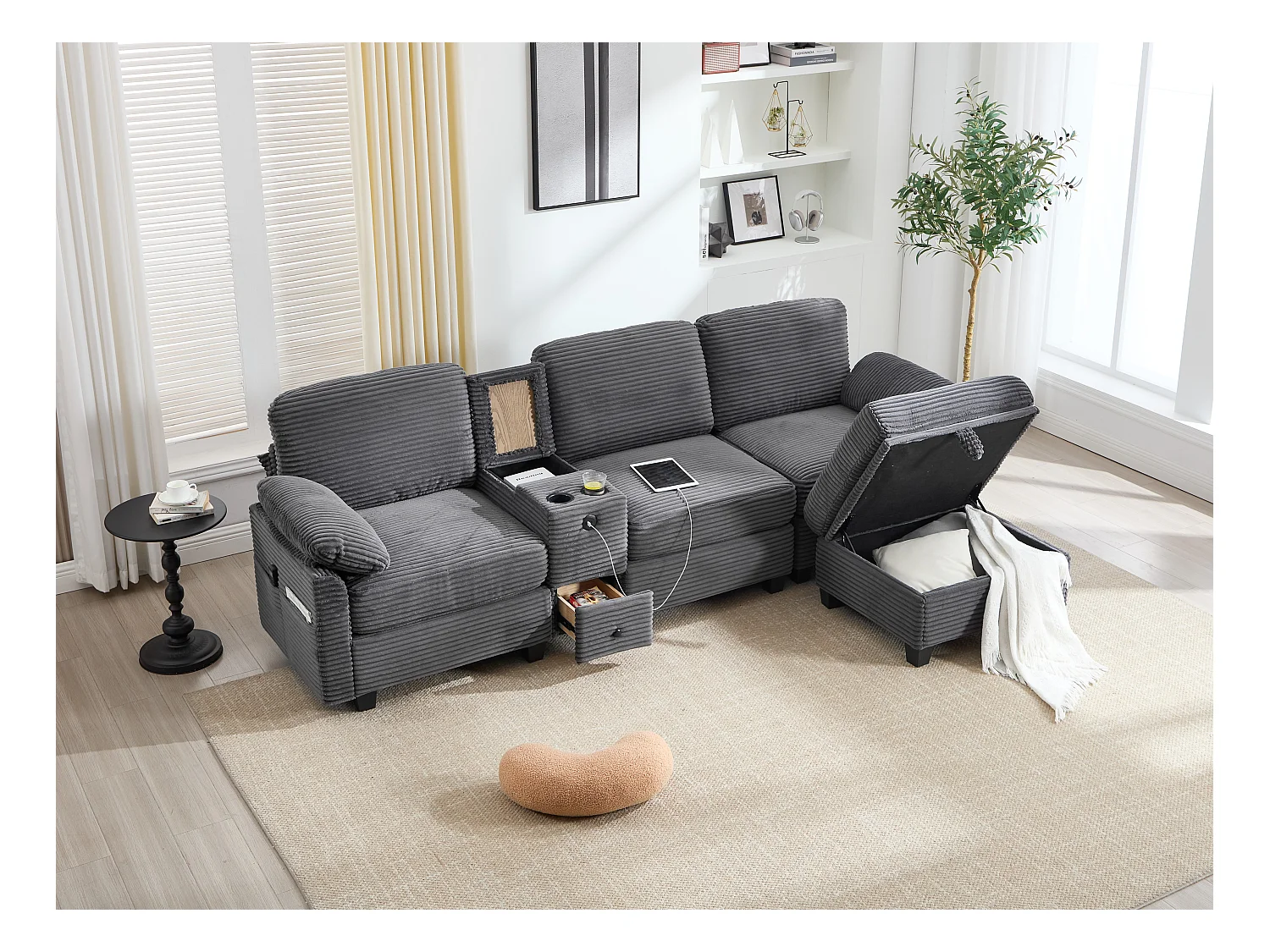 4-zits hoekbank - Modulaire bank - Middenconsole met twee USB-poorten (USB + Type-C) - Voetensteun met opbergruimte - Voor woonkamer, kantoor