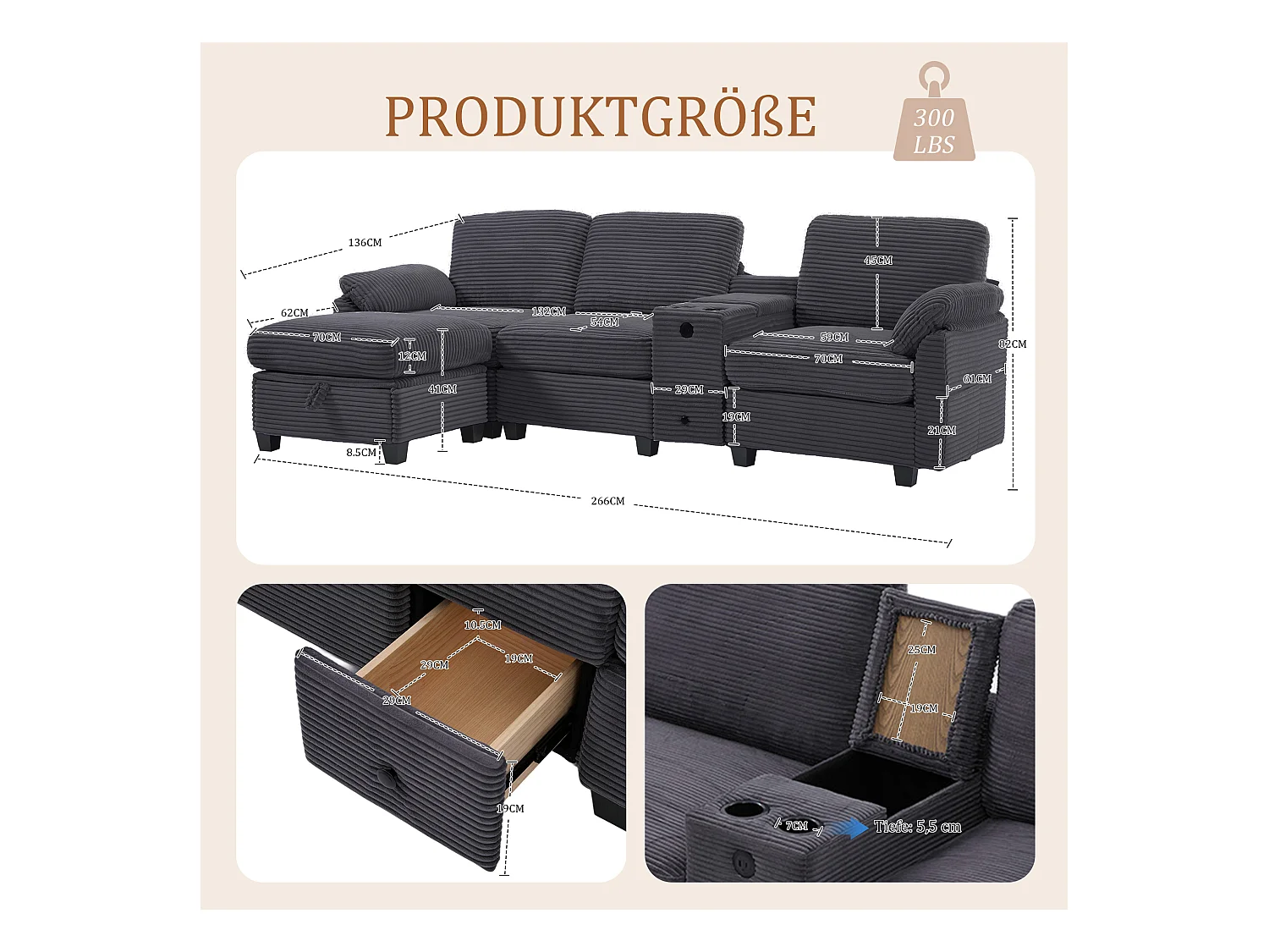 4-zits hoekbank - Modulaire bank - Middenconsole met twee USB-poorten (USB + Type-C) - Voetensteun met opbergruimte - Voor woonkamer, kantoor