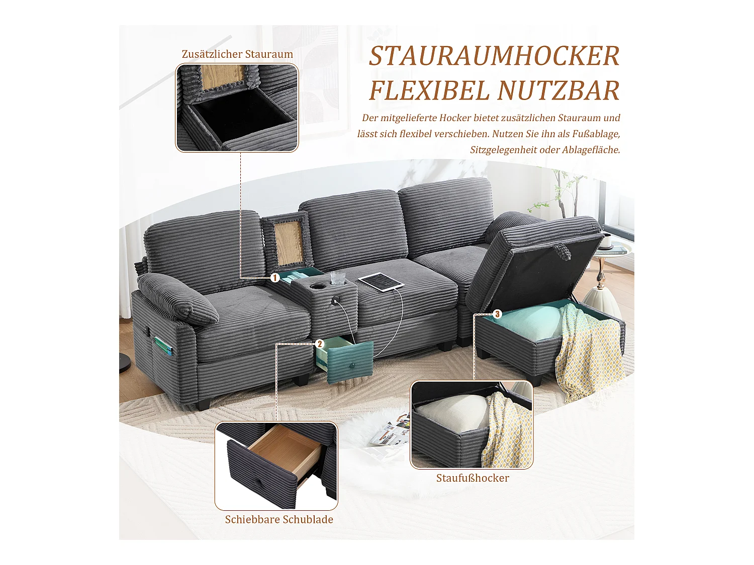 4-zits hoekbank - Modulaire bank - Middenconsole met twee USB-poorten (USB + Type-C) - Voetensteun met opbergruimte - Voor woonkamer, kantoor