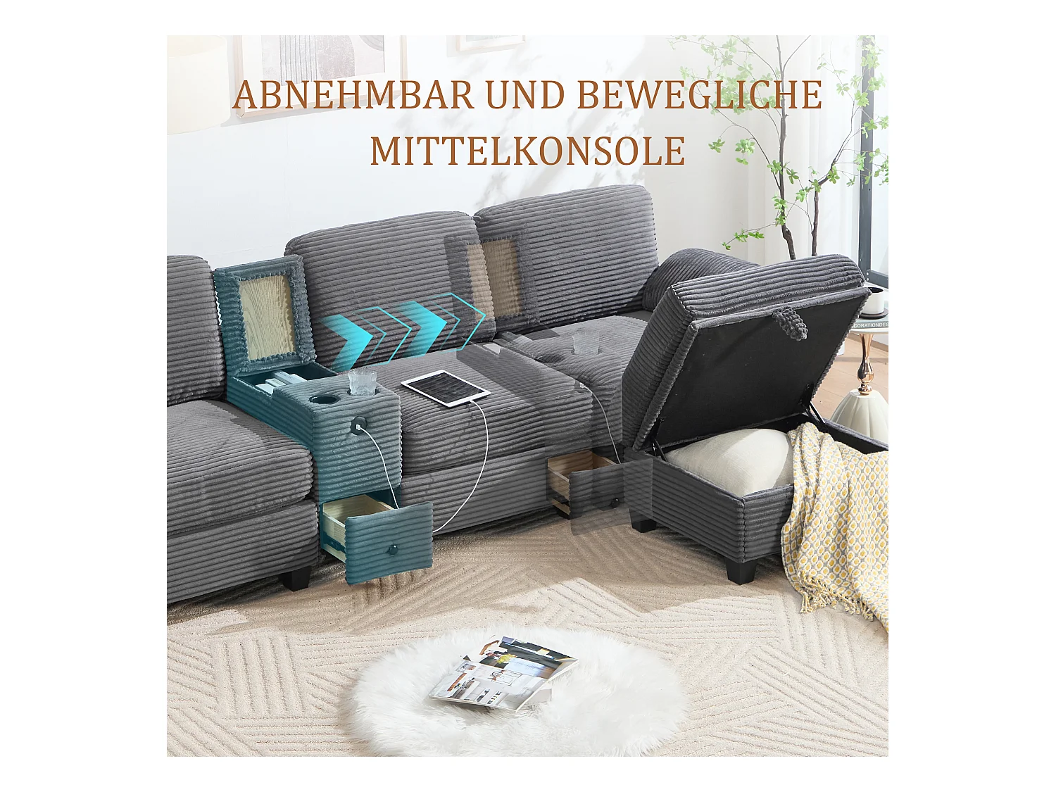 4-zits hoekbank - Modulaire bank - Middenconsole met twee USB-poorten (USB + Type-C) - Voetensteun met opbergruimte - Voor woonkamer, kantoor