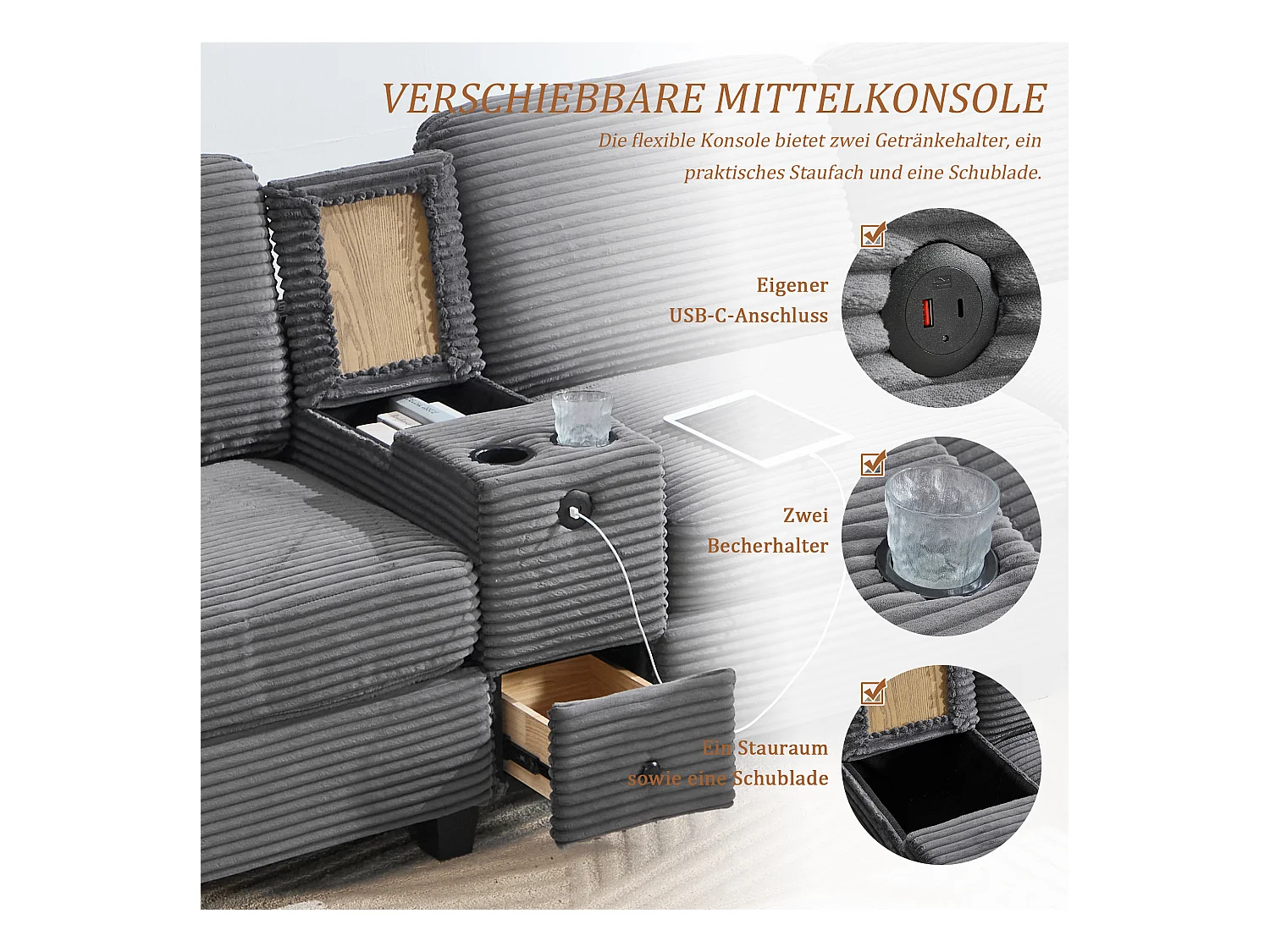 4-zits hoekbank - Modulaire bank - Middenconsole met twee USB-poorten (USB + Type-C) - Voetensteun met opbergruimte - Voor woonkamer, kantoor
