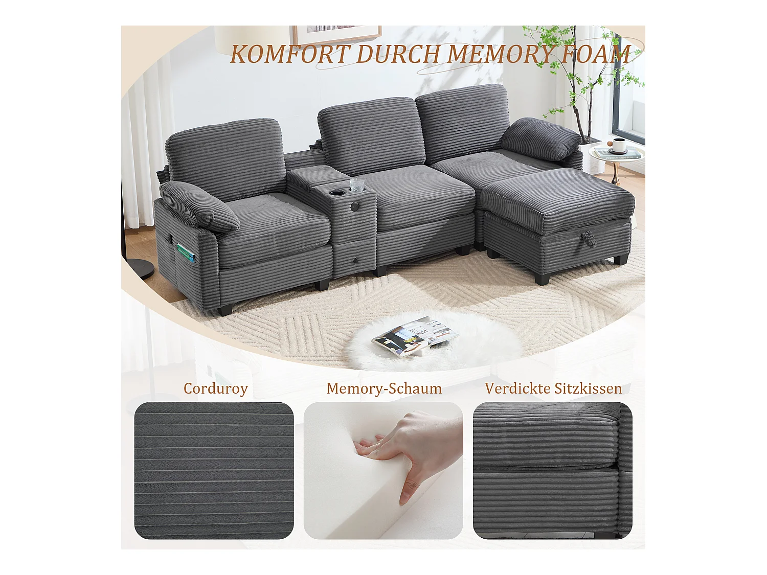 4-zits hoekbank - Modulaire bank - Middenconsole met twee USB-poorten (USB + Type-C) - Voetensteun met opbergruimte - Voor woonkamer, kantoor