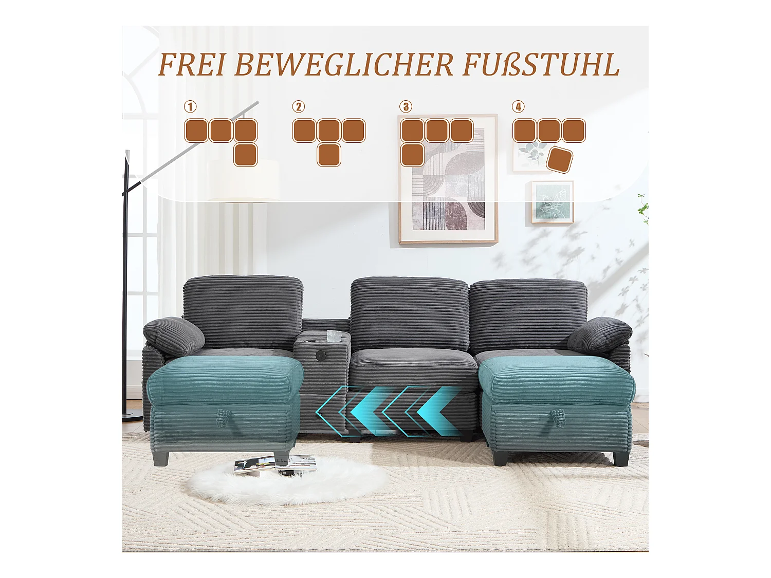 4-zits hoekbank - Modulaire bank - Middenconsole met twee USB-poorten (USB + Type-C) - Voetensteun met opbergruimte - Voor woonkamer, kantoor