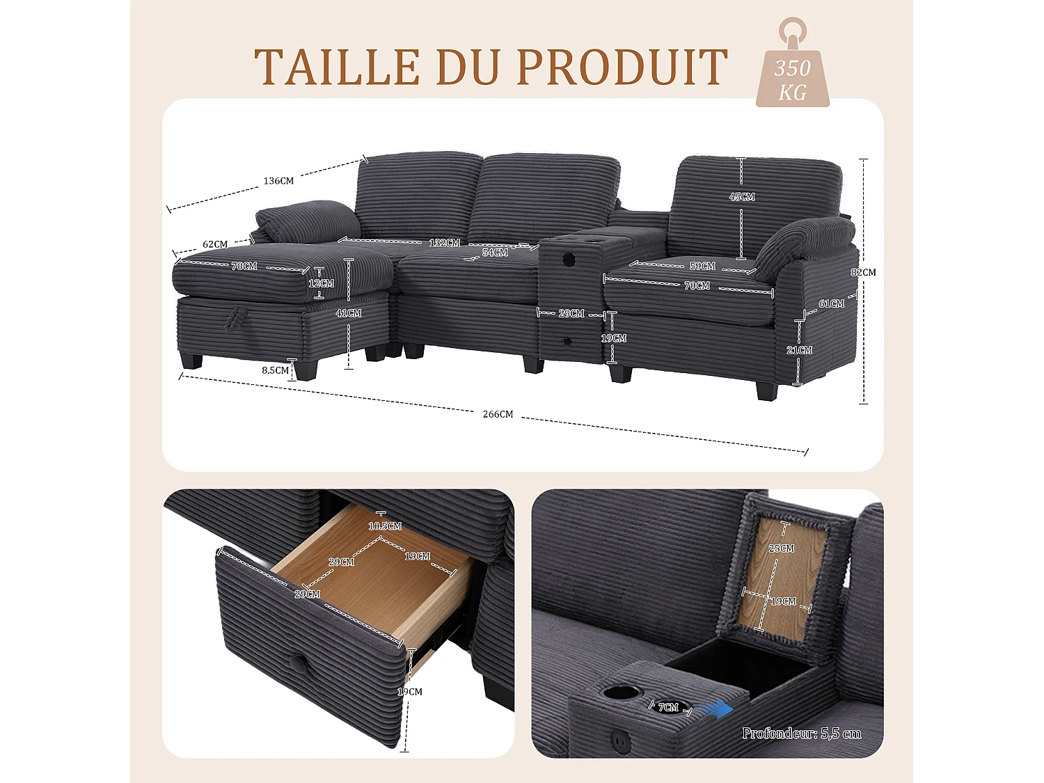 Canapé d'Angle 4 Places - Canapé modulable - Console Centrale Double Port USB (USB + Type-C) - Repose-Pieds Rangement - Pour Salon, Bureau