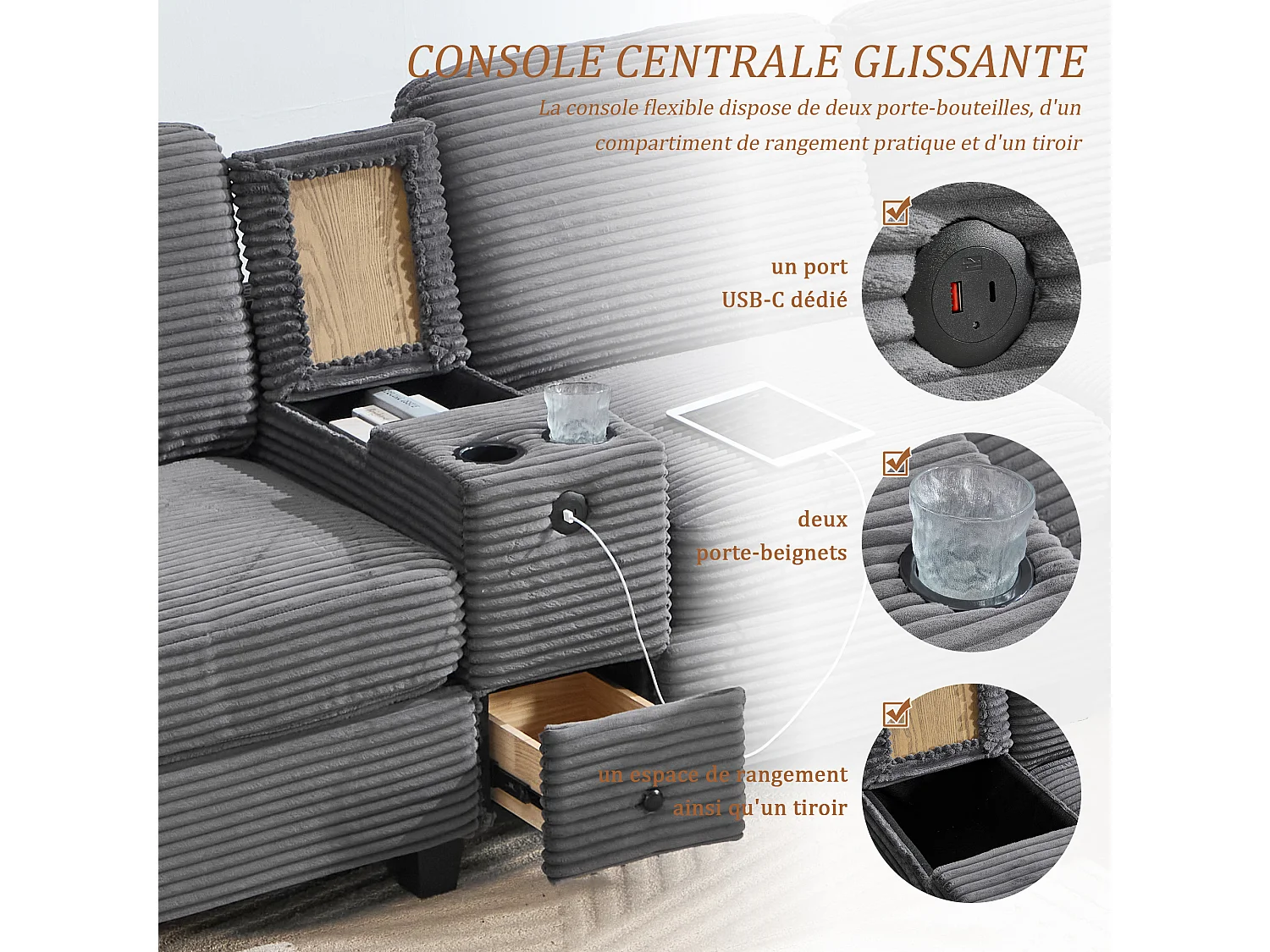 Canapé d'Angle 4 Places - Canapé modulable - Console Centrale Double Port USB (USB + Type-C) - Repose-Pieds Rangement - Pour Salon, Bureau