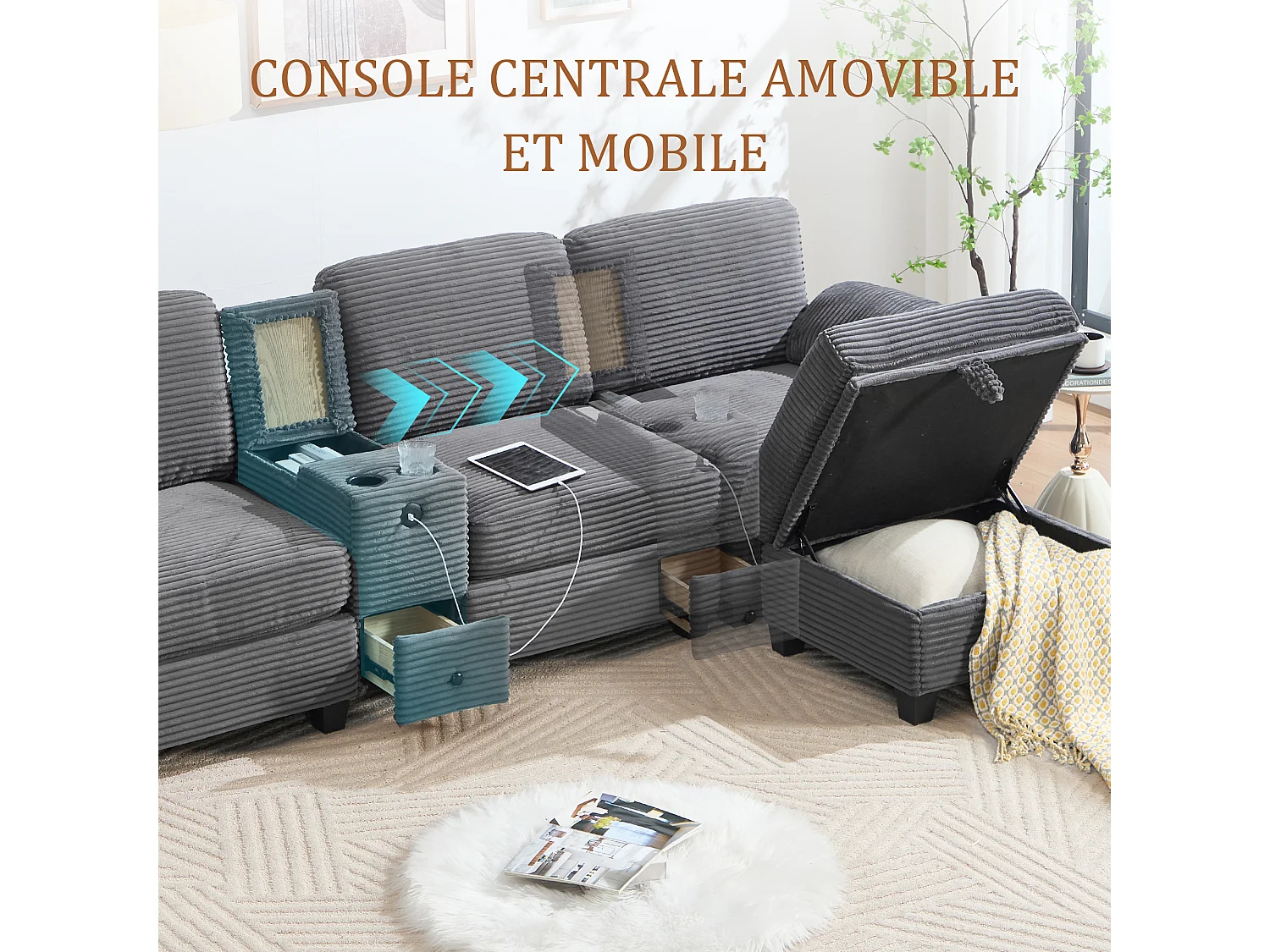 Canapé d'Angle 4 Places - Canapé modulable - Console Centrale Double Port USB (USB + Type-C) - Repose-Pieds Rangement - Pour Salon, Bureau