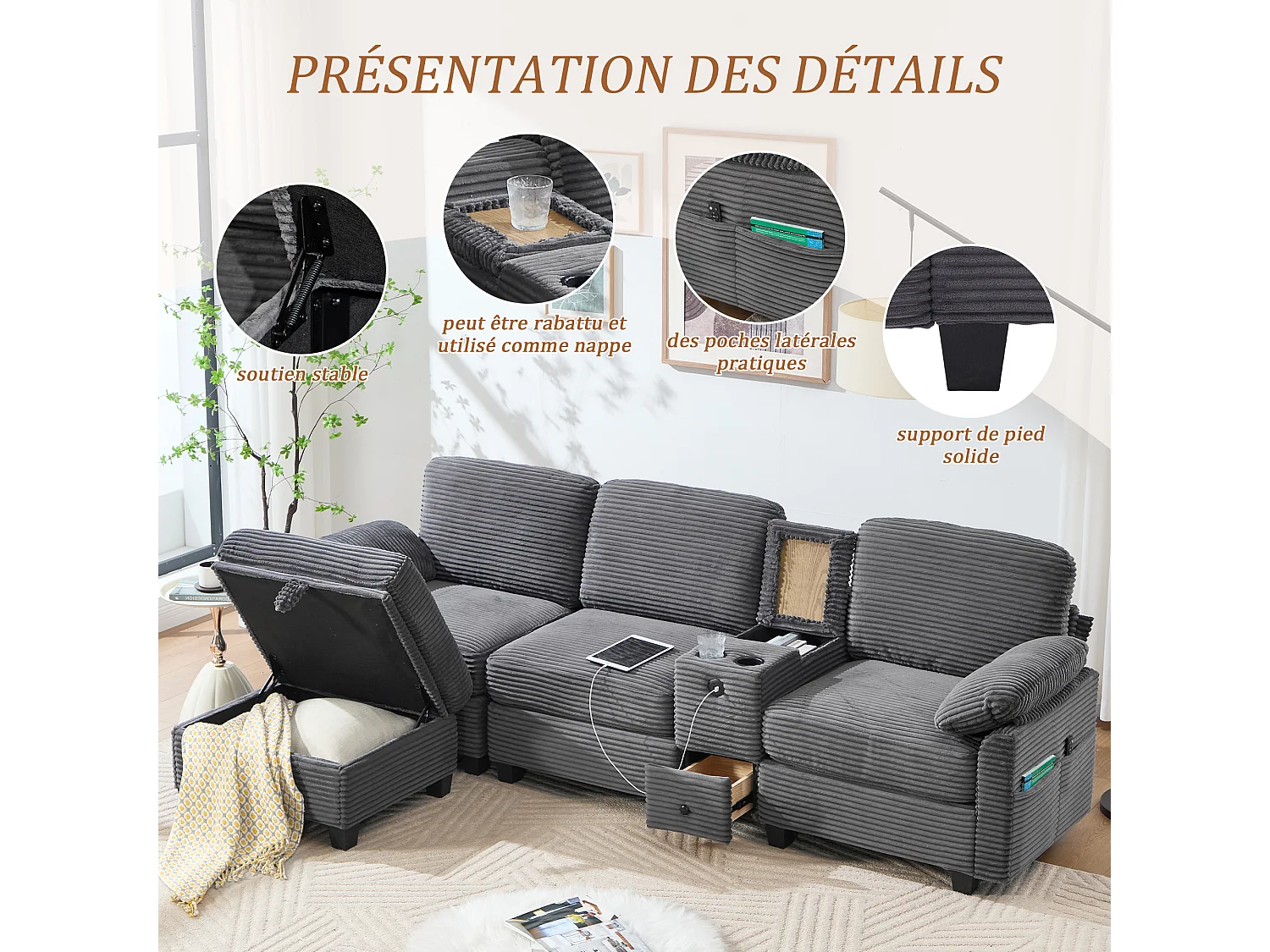 Canapé d'Angle 4 Places - Canapé modulable - Console Centrale Double Port USB (USB + Type-C) - Repose-Pieds Rangement - Pour Salon, Bureau