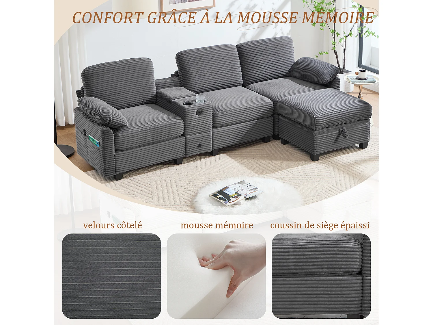 Canapé d'Angle 4 Places - Canapé modulable - Console Centrale Double Port USB (USB + Type-C) - Repose-Pieds Rangement - Pour Salon, Bureau