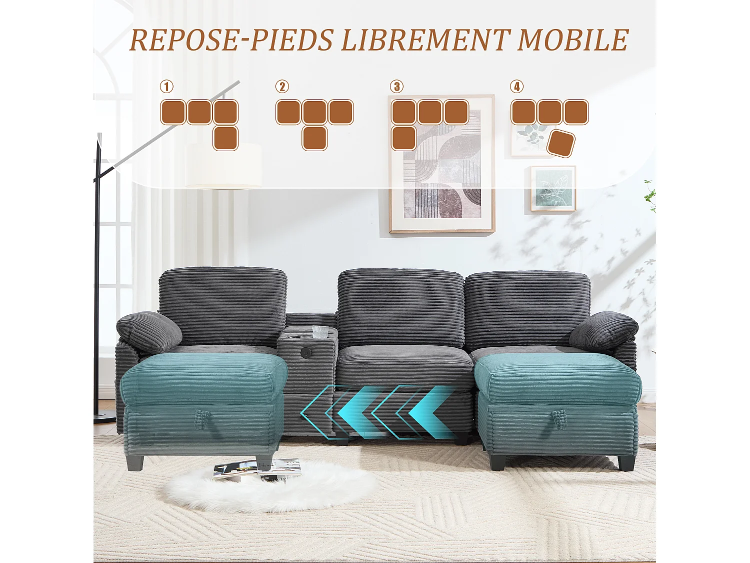 Canapé d'Angle 4 Places - Canapé modulable - Console Centrale Double Port USB (USB + Type-C) - Repose-Pieds Rangement - Pour Salon, Bureau